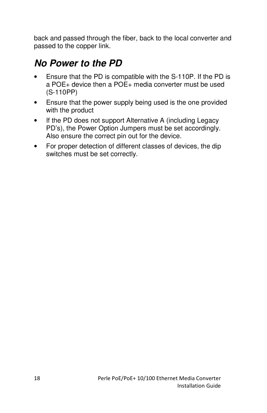 Perle Systems S-110P-SFP, S-110PP-SFP manual No Power to the PD 