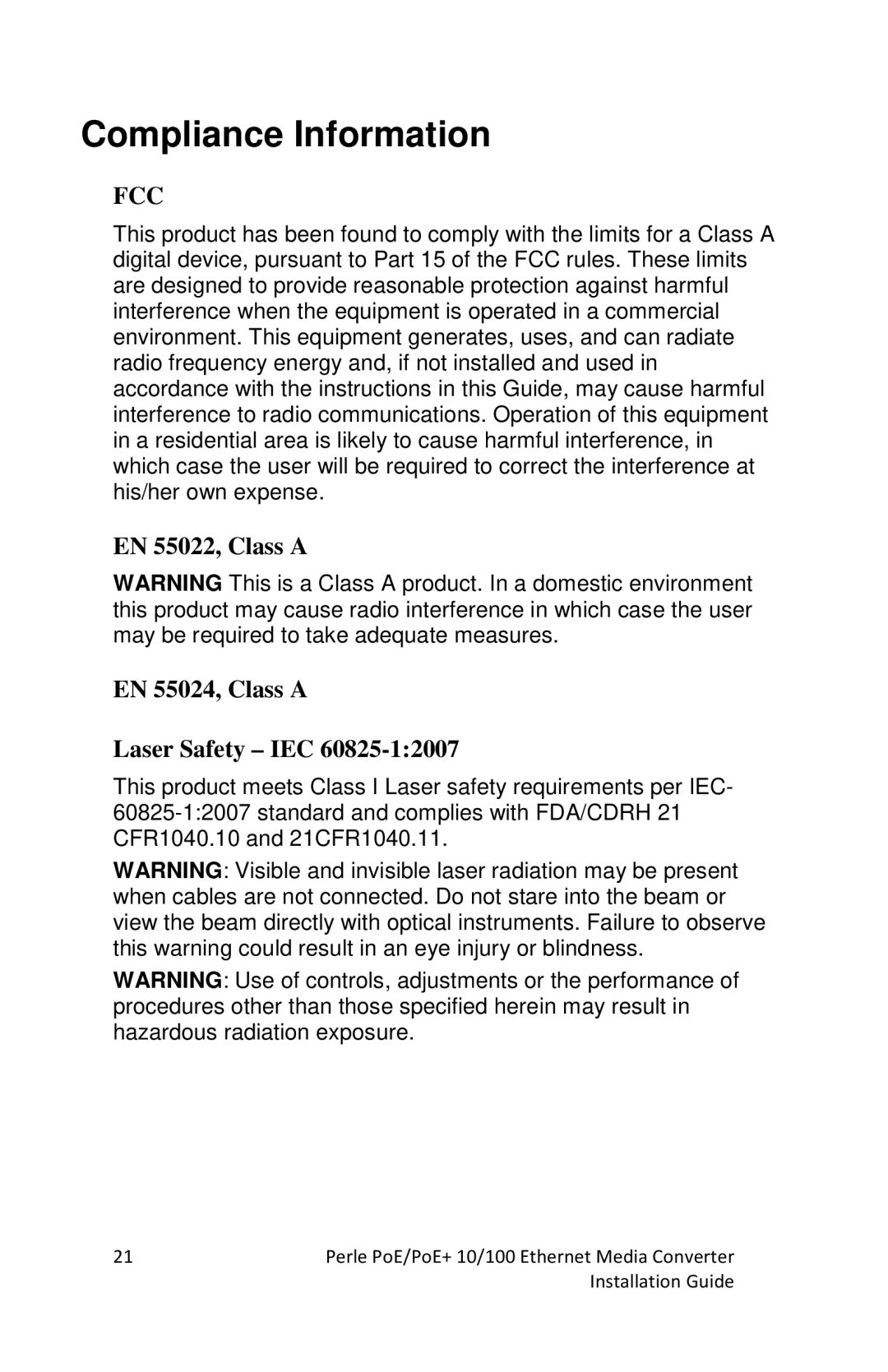 Perle Systems S-110P-SFP, S-110PP-SFP manual Compliance Information, Fcc 