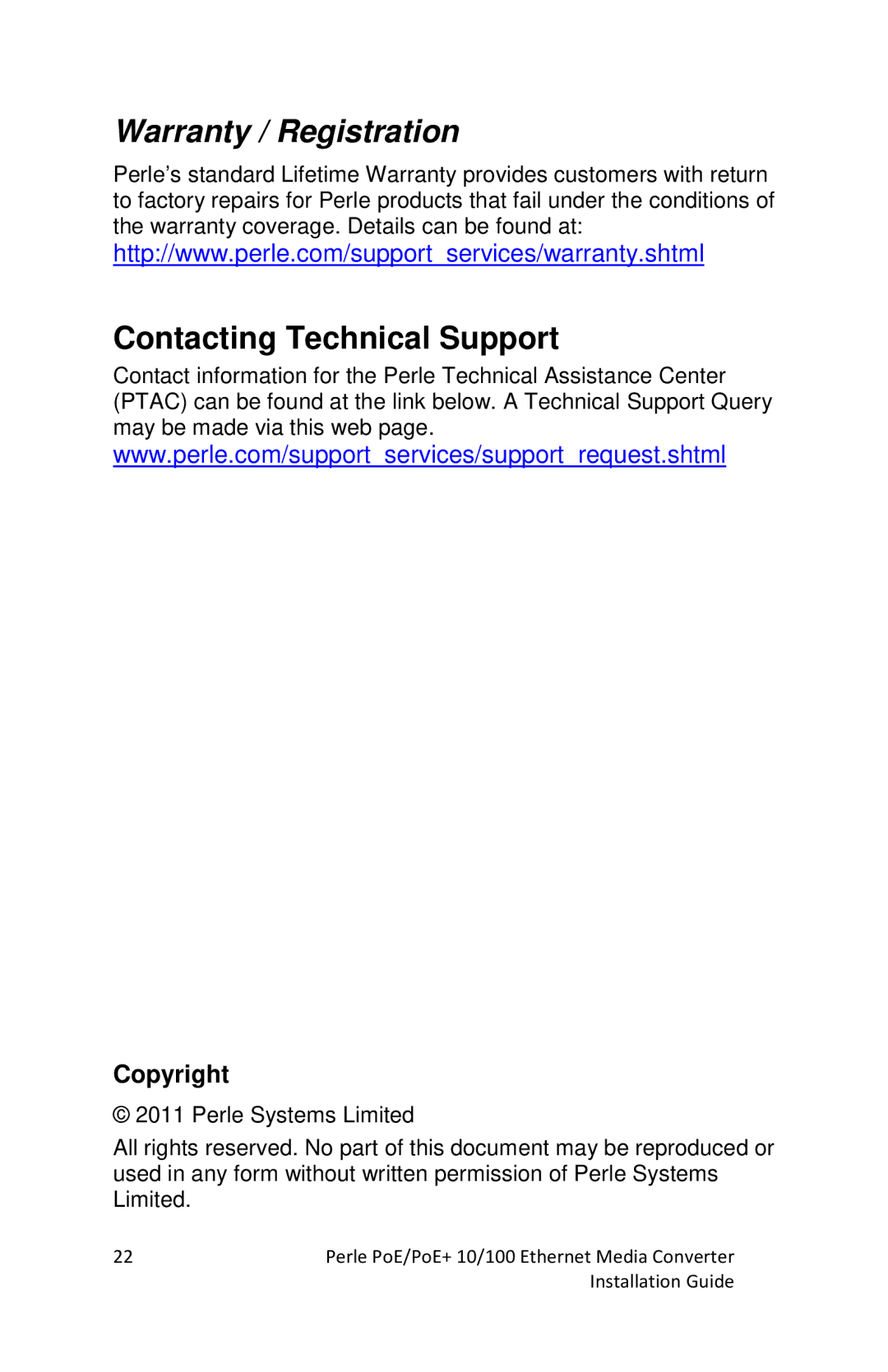 Perle Systems S-110P-SFP, S-110PP-SFP manual Warranty / Registration, Contacting Technical Support 