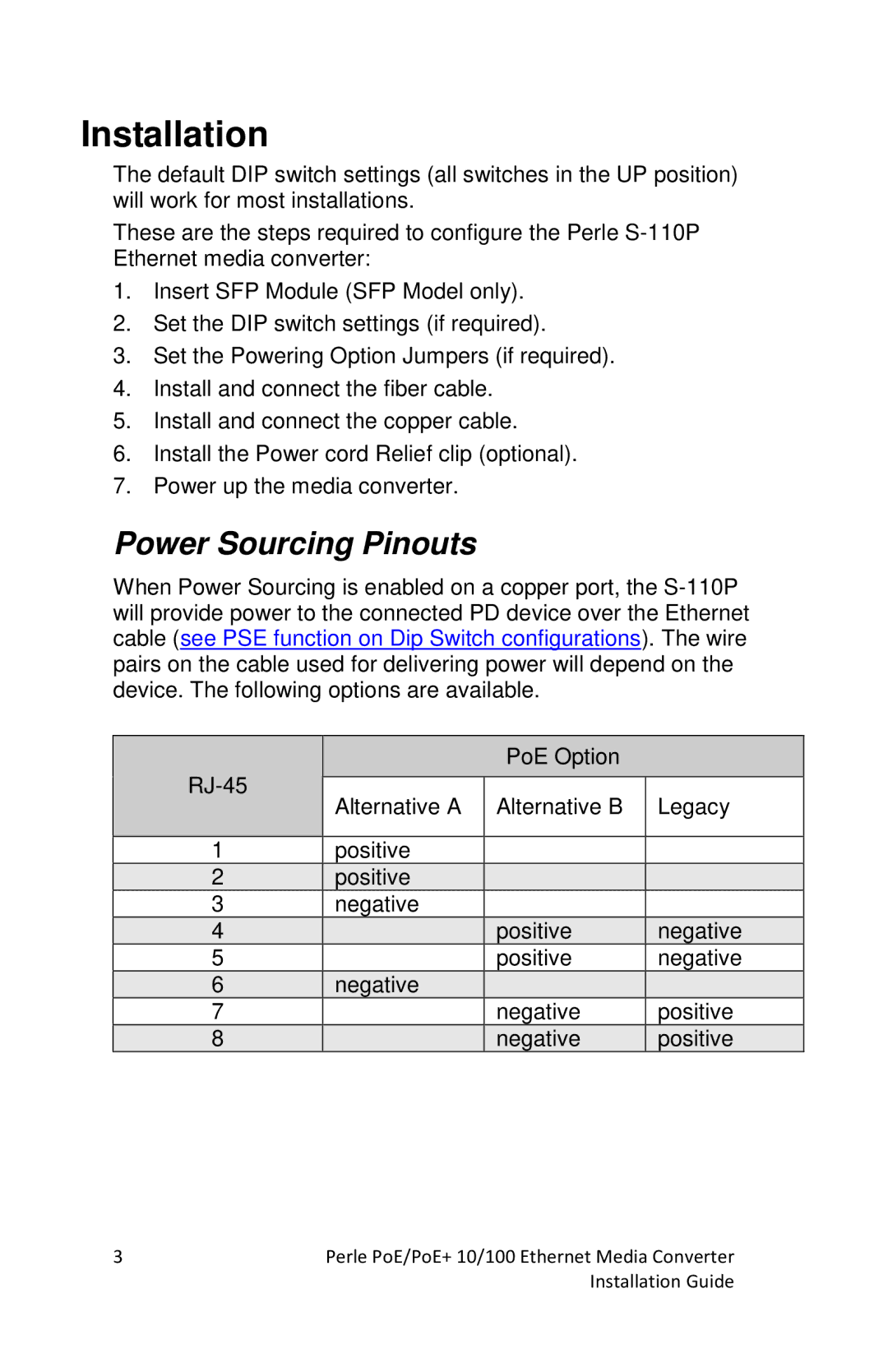 Perle Systems S-110PP-SFP, S-110P-SFP manual Installation, Power Sourcing Pinouts 