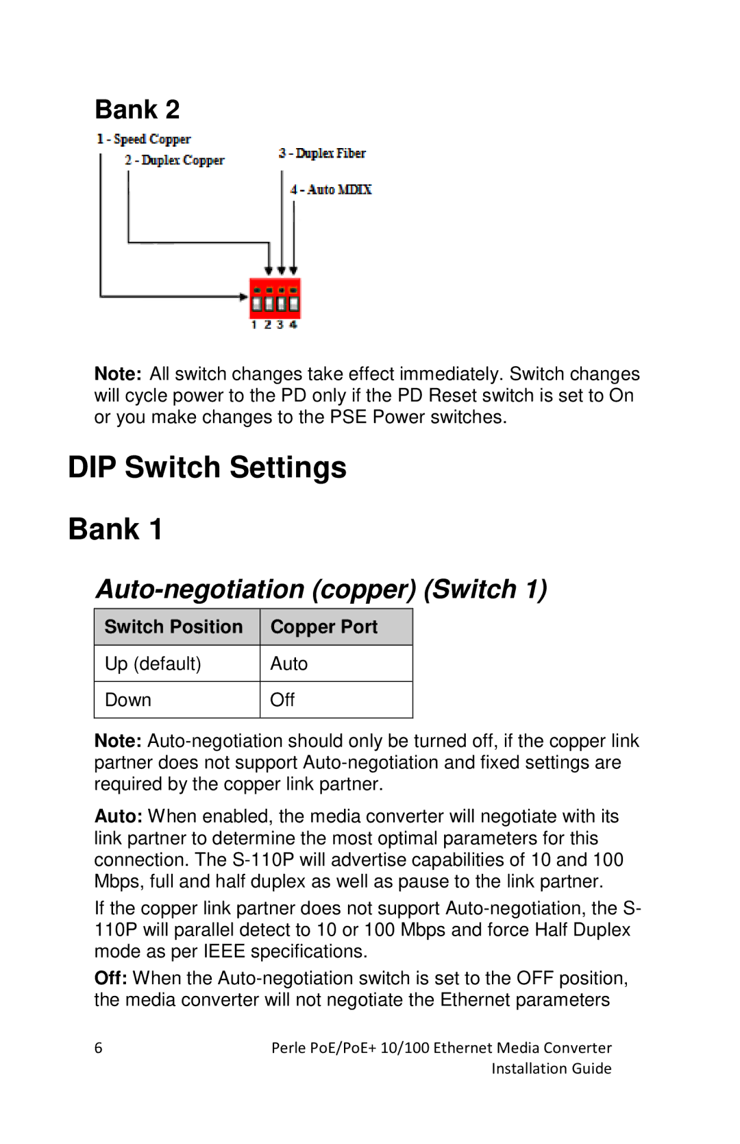 Perle Systems S-110PP, S-110P-SFP DIP Switch Settings Bank, Auto-negotiation copper Switch, Switch Position Copper Port 