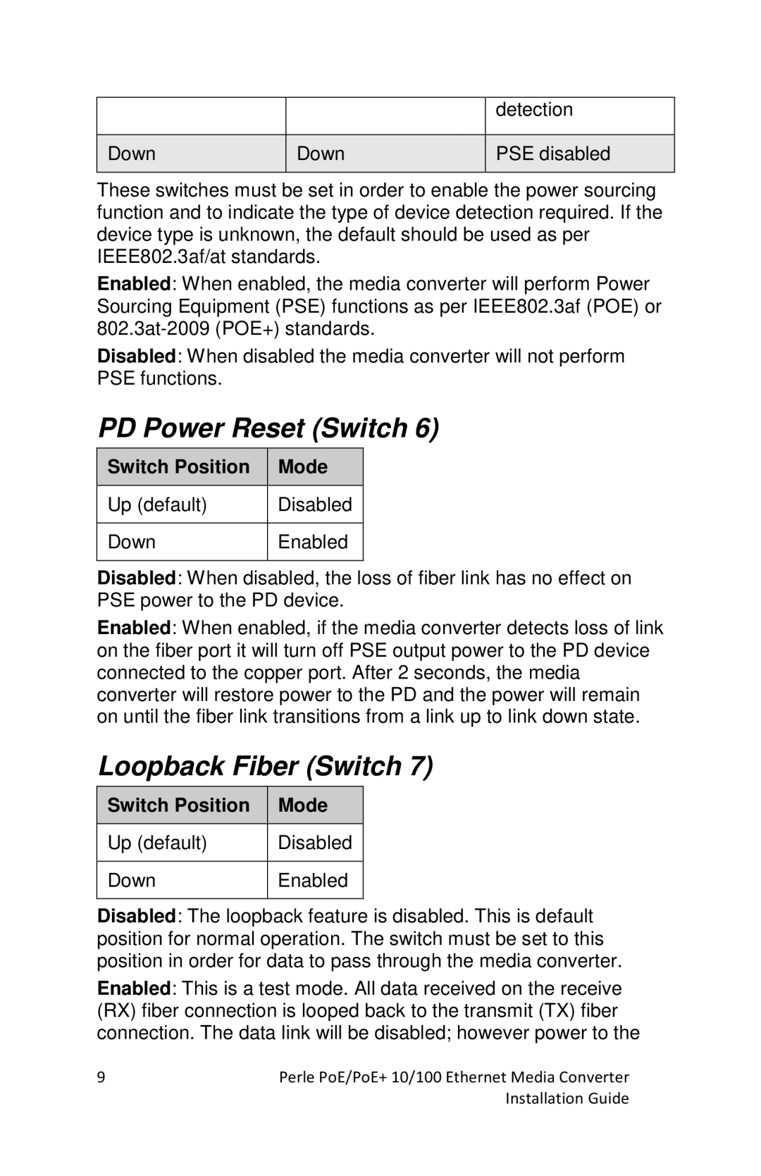 Perle Systems S-110P-SFP, S-110PP-SFP manual PD Power Reset Switch, Loopback Fiber Switch 