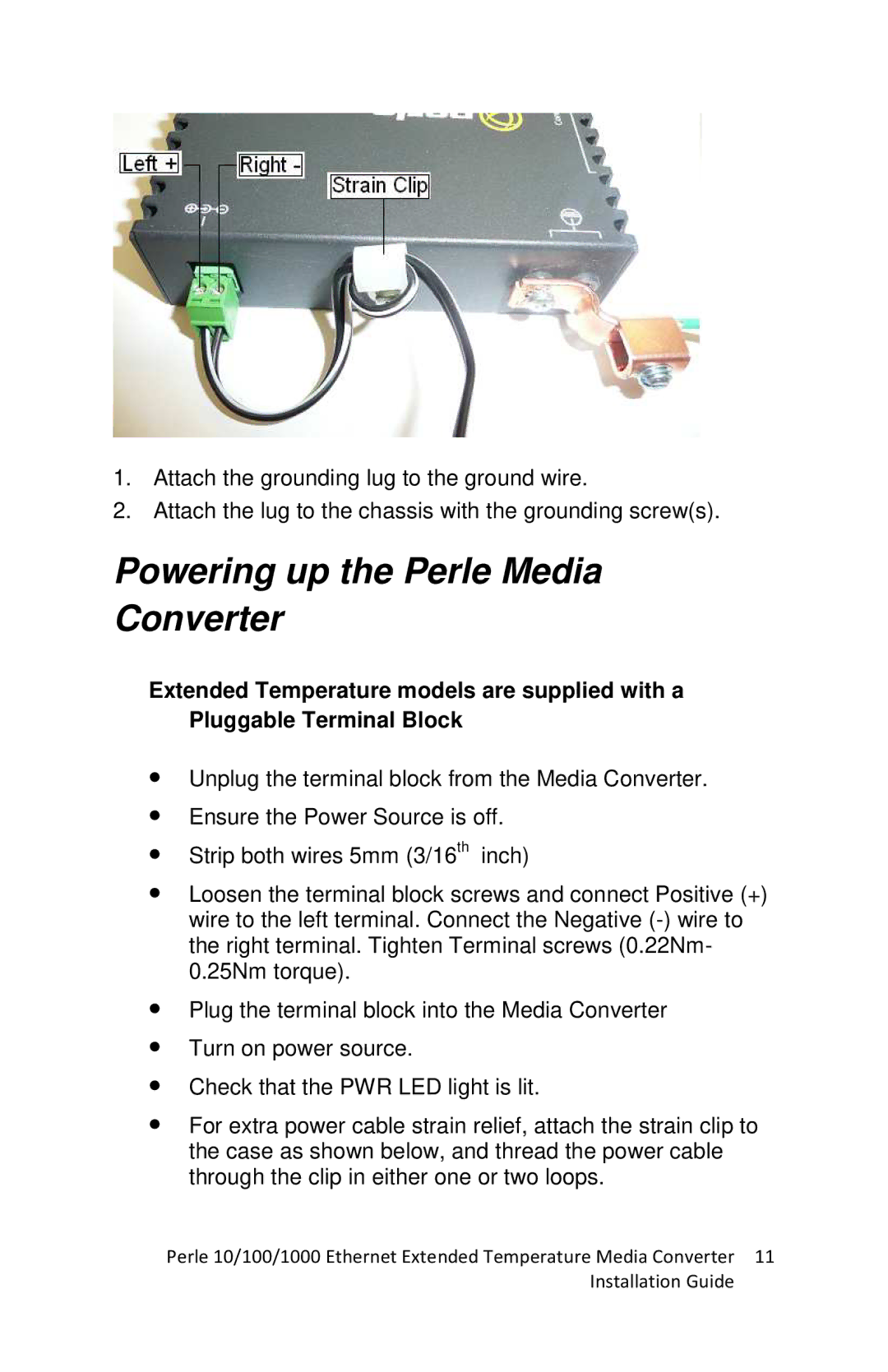 Perle Systems S-1110-XT manual Powering up the Perle Media Converter 