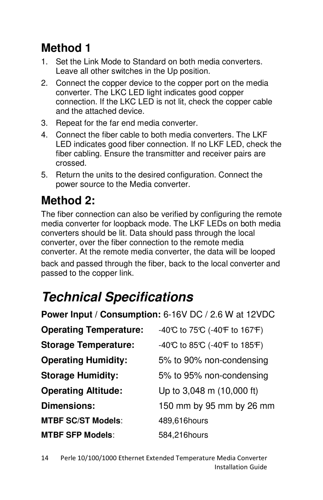 Perle Systems S-1110-XT manual Technical Specifications, Mtbf SC/ST Models, Mtbf SFP Models 