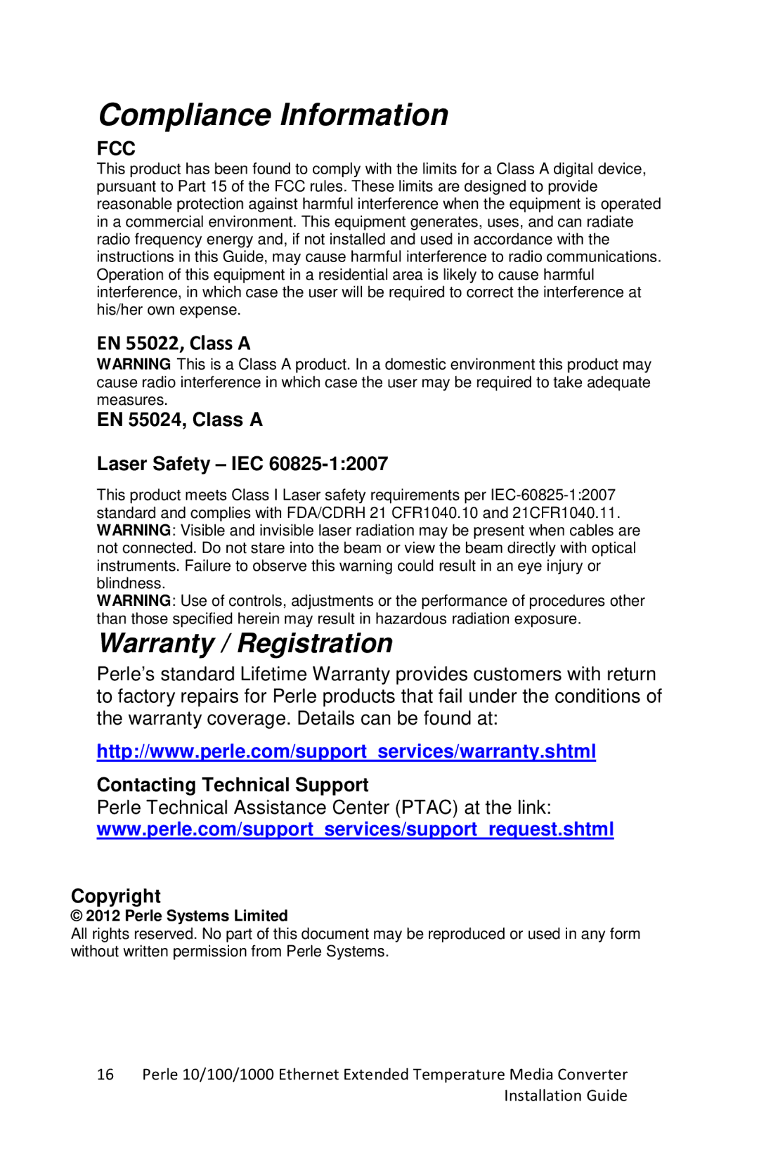 Perle Systems S-1110-XT manual Compliance Information, Warranty / Registration, EN 55024, Class a Laser Safety IEC 