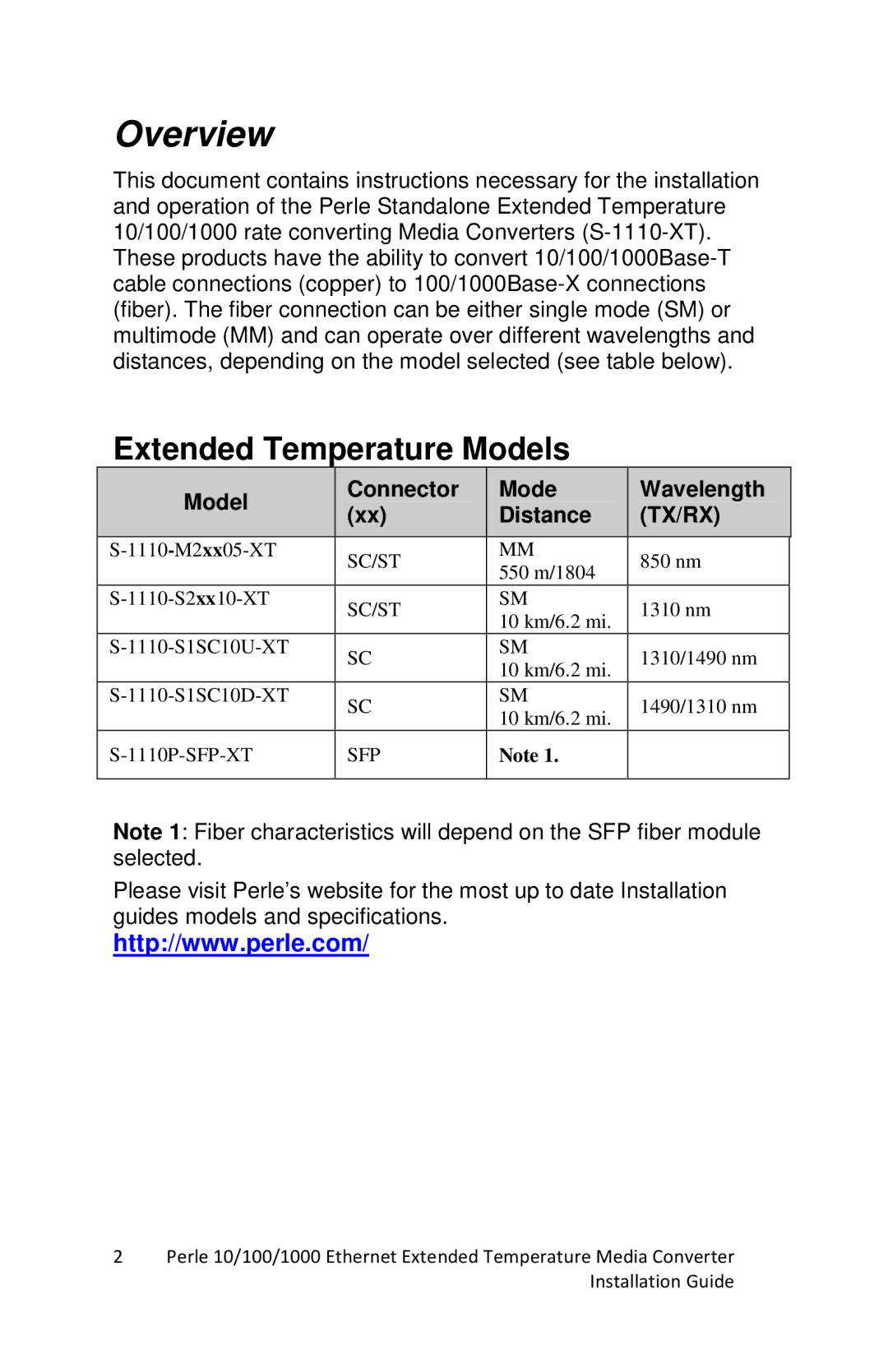 Perle Systems S-1110-XT manual Overview, Model Connector Wavelength Distance 