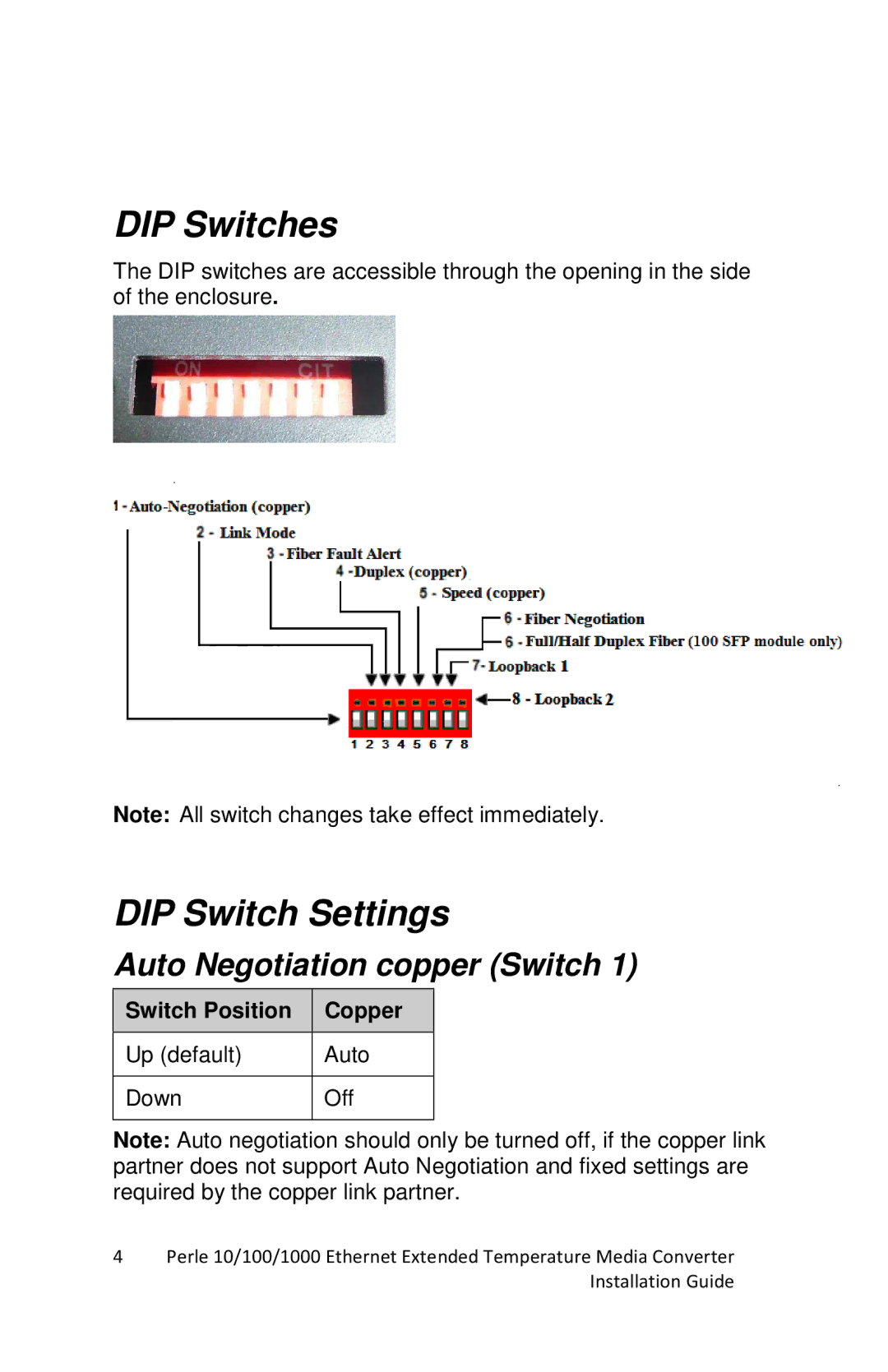 Perle Systems S-1110-XT manual DIP Switches, DIP Switch Settings, Auto Negotiation copper Switch, Switch Position Copper 