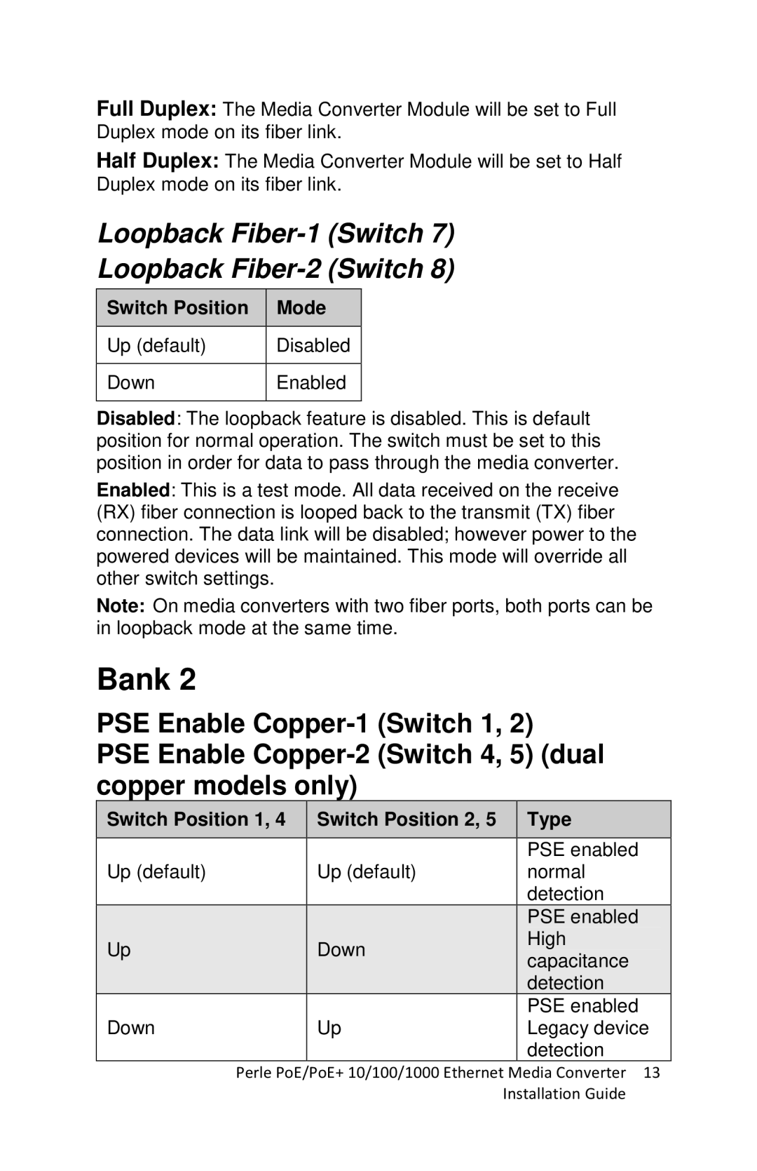 Perle Systems S-1110PP, S-1110DP Loopback Fiber-1 Switch Loopback Fiber-2 Switch, Switch Position 1 Switch Position 2 Type 