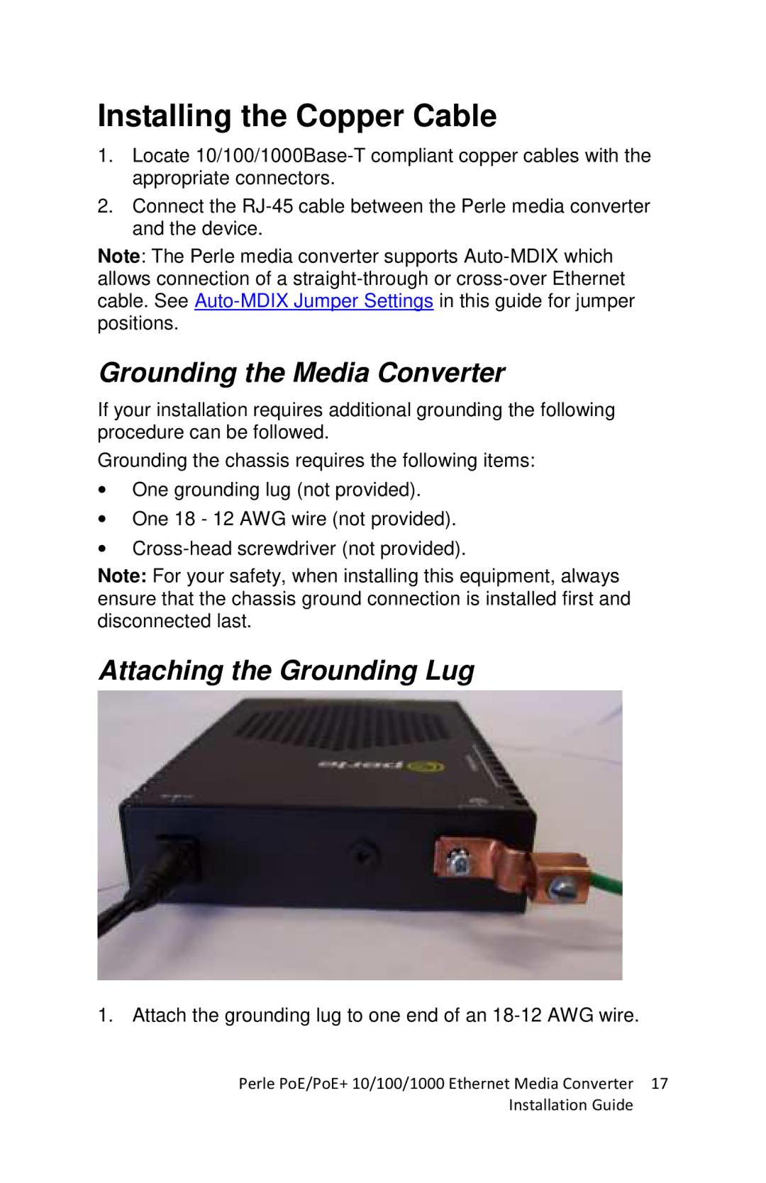 Perle Systems S-1110PP, S-1110DP Installing the Copper Cable, Grounding the Media Converter, Attaching the Grounding Lug 