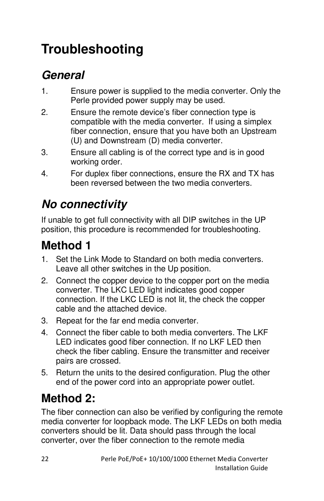 Perle Systems S-1110PP, S-1110DPP manual Troubleshooting, General, No connectivity, Method 