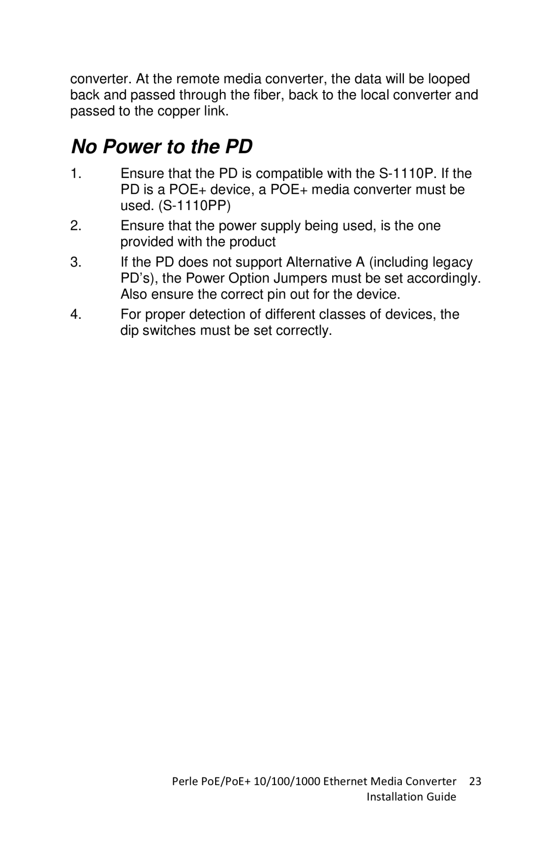 Perle Systems S-1110DPP, S-1110PP manual No Power to the PD 