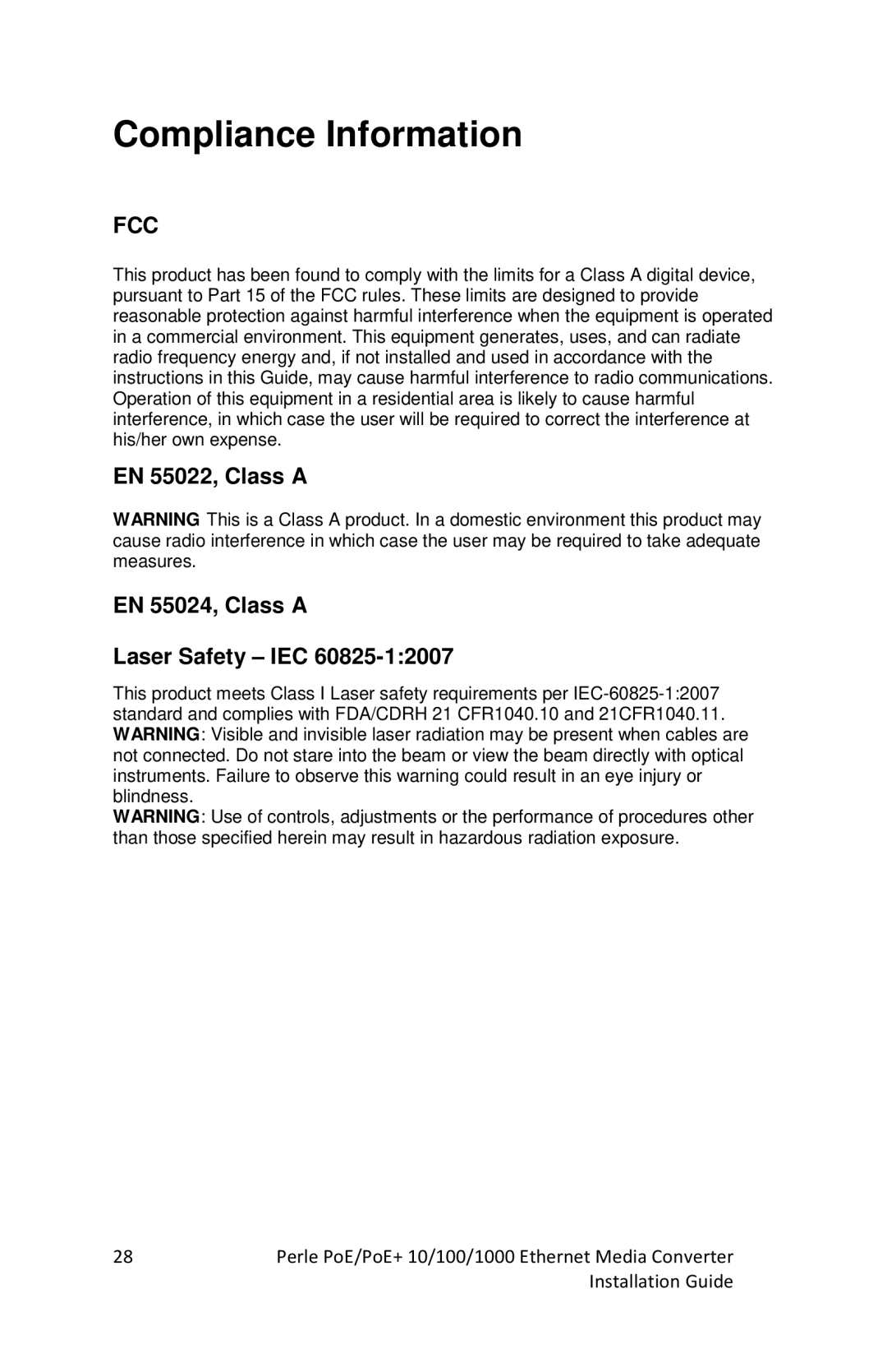 Perle Systems S-1110PP, S-1110DPP manual Compliance Information, EN 55022, Class a EN 55024, Class a Laser Safety IEC 