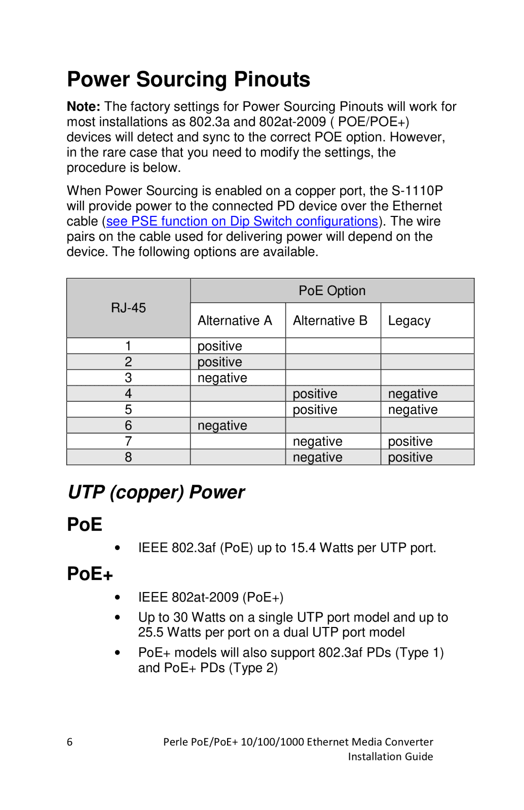 Perle Systems S-1110PP, S-1110DPP manual Power Sourcing Pinouts, UTP copper Power, PoE+ 