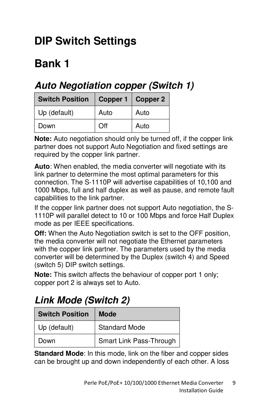 Perle Systems S-1110PP DIP Switch Settings Bank, Auto Negotiation copper Switch, Link Mode Switch, Switch Position Copper 