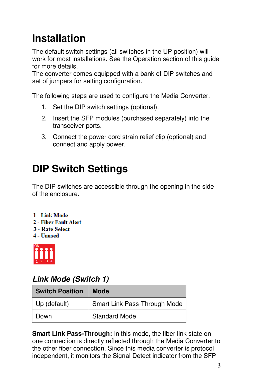 Perle Systems S-4GPT-DSFP-XT manual Installation, DIP Switch Settings, Link Mode Switch, Switch Position Mode 