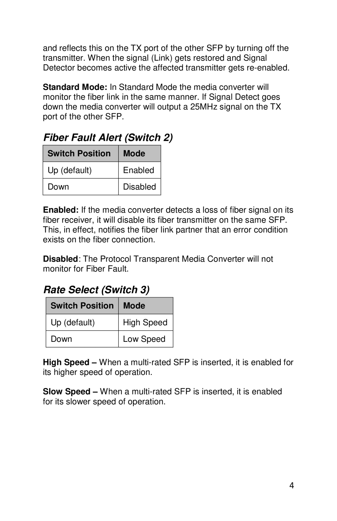 Perle Systems S-4GPT-DSFP-XT manual Fiber Fault Alert Switch, Rate Select Switch 