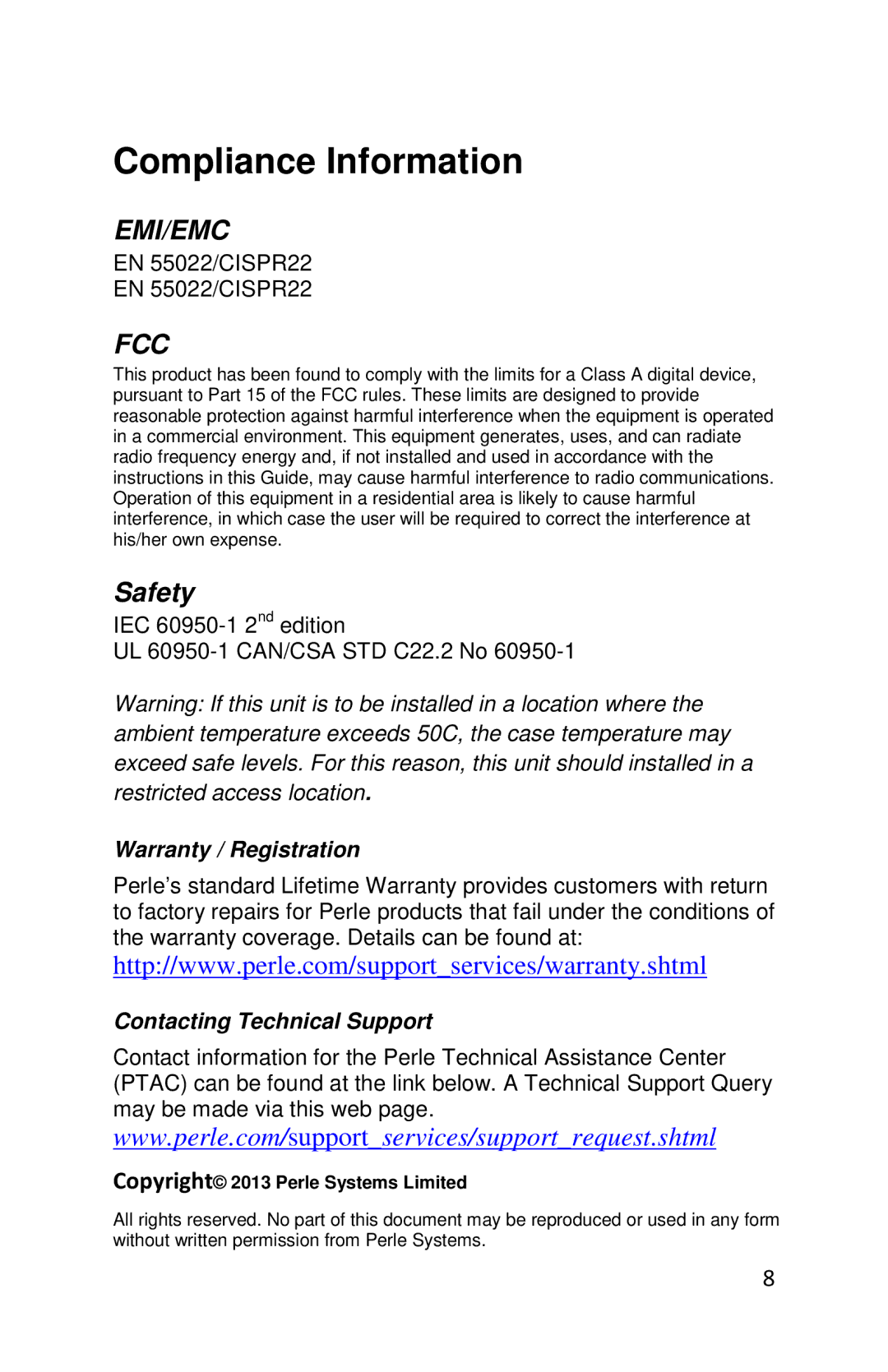 Perle Systems S-4GPT-DSFP-XT manual Compliance Information, Safety 