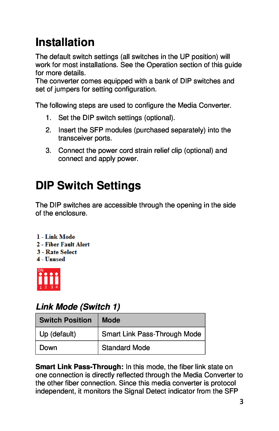 Perle Systems S-4GPT-DSFP-XT manual Installation, DIP Switch Settings, Link Mode Switch, Switch Position 