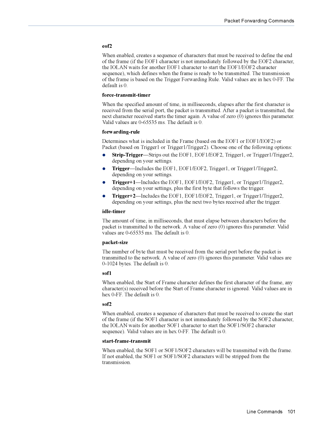 Perle Systems MDC, SDS manual Eof2, Force-transmit-timer, Forwarding-rule, Packet-size, Sof1, Sof2, Start-frame-transmit 