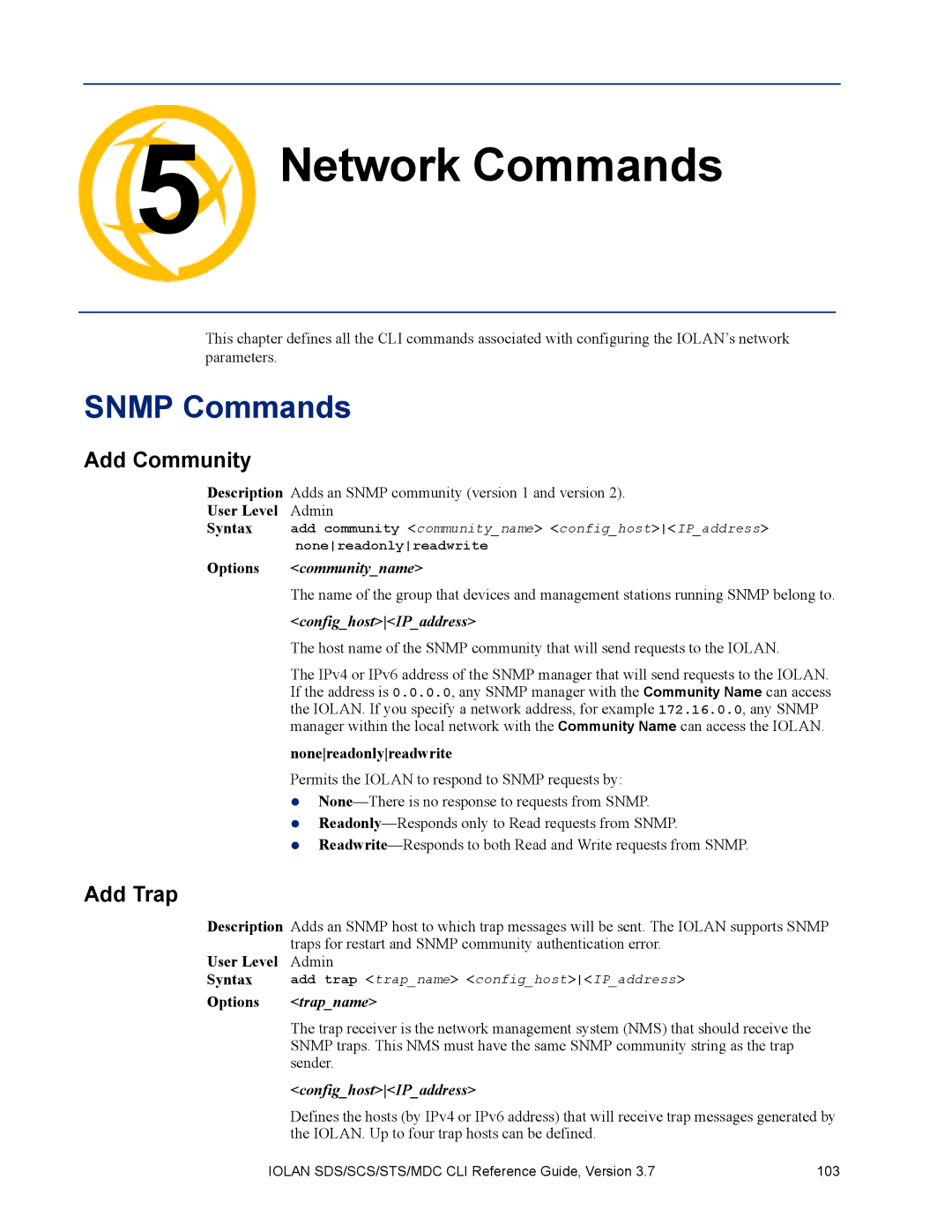 Perle Systems MDC, SDS manual Network Commands Chapter, Snmp Commands, Add Community, Add Trap 