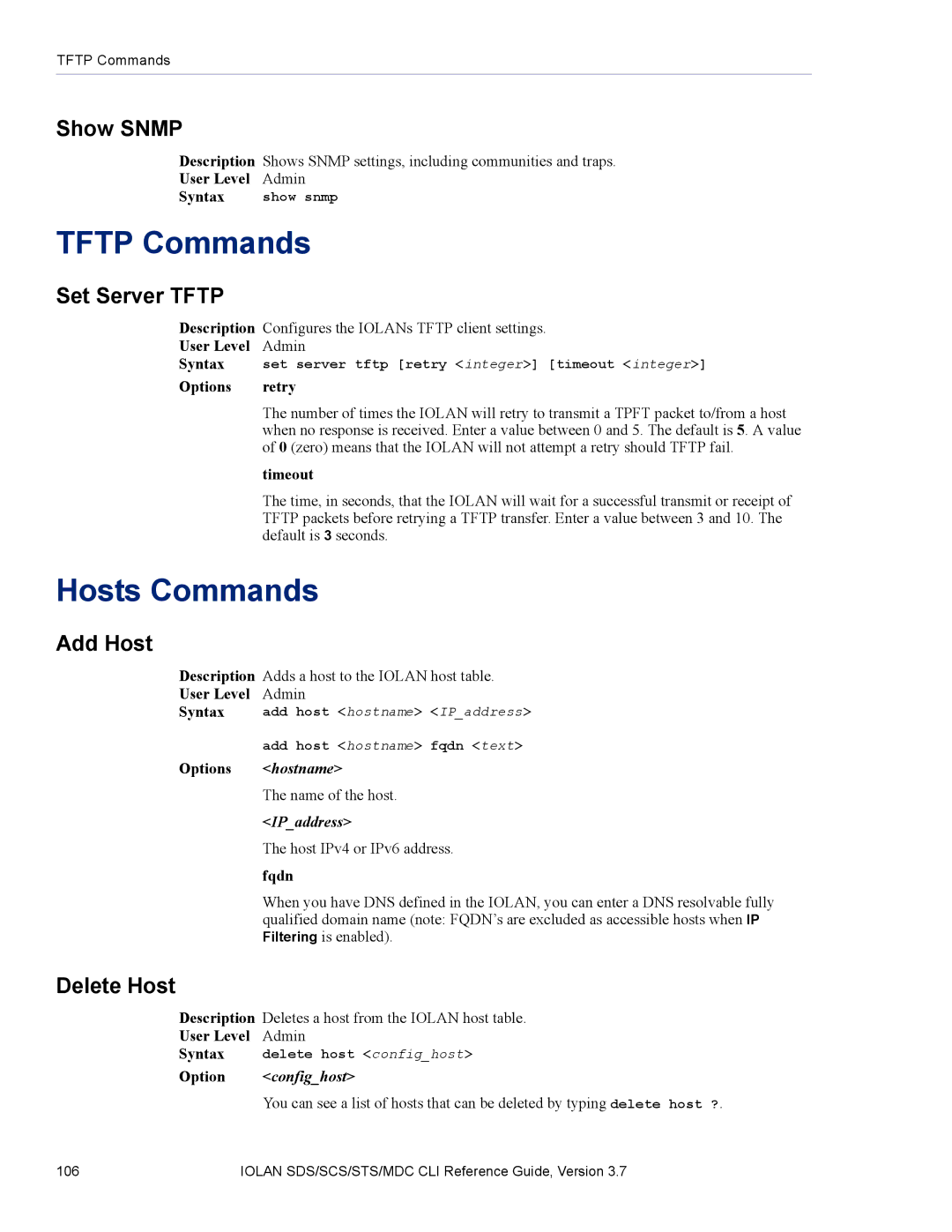 Perle Systems SDS, MDC manual Tftp Commands, Hosts Commands 