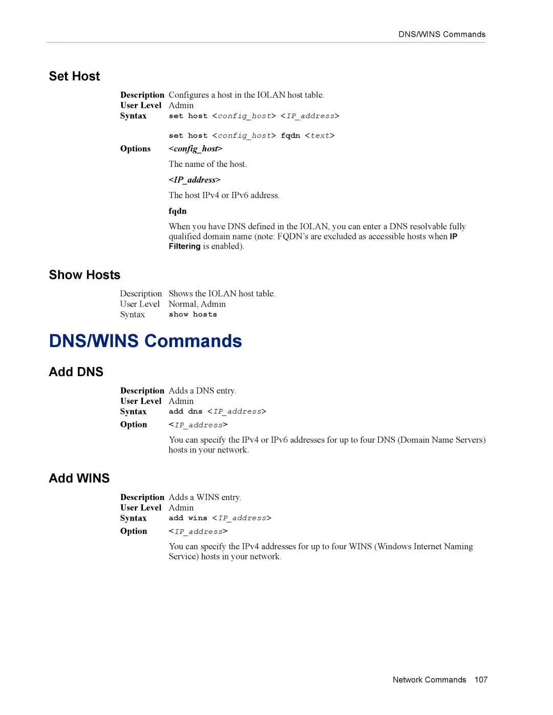 Perle Systems MDC, SDS manual DNS/WINS Commands, Set Host, Show Hosts, Add DNS, Add Wins 