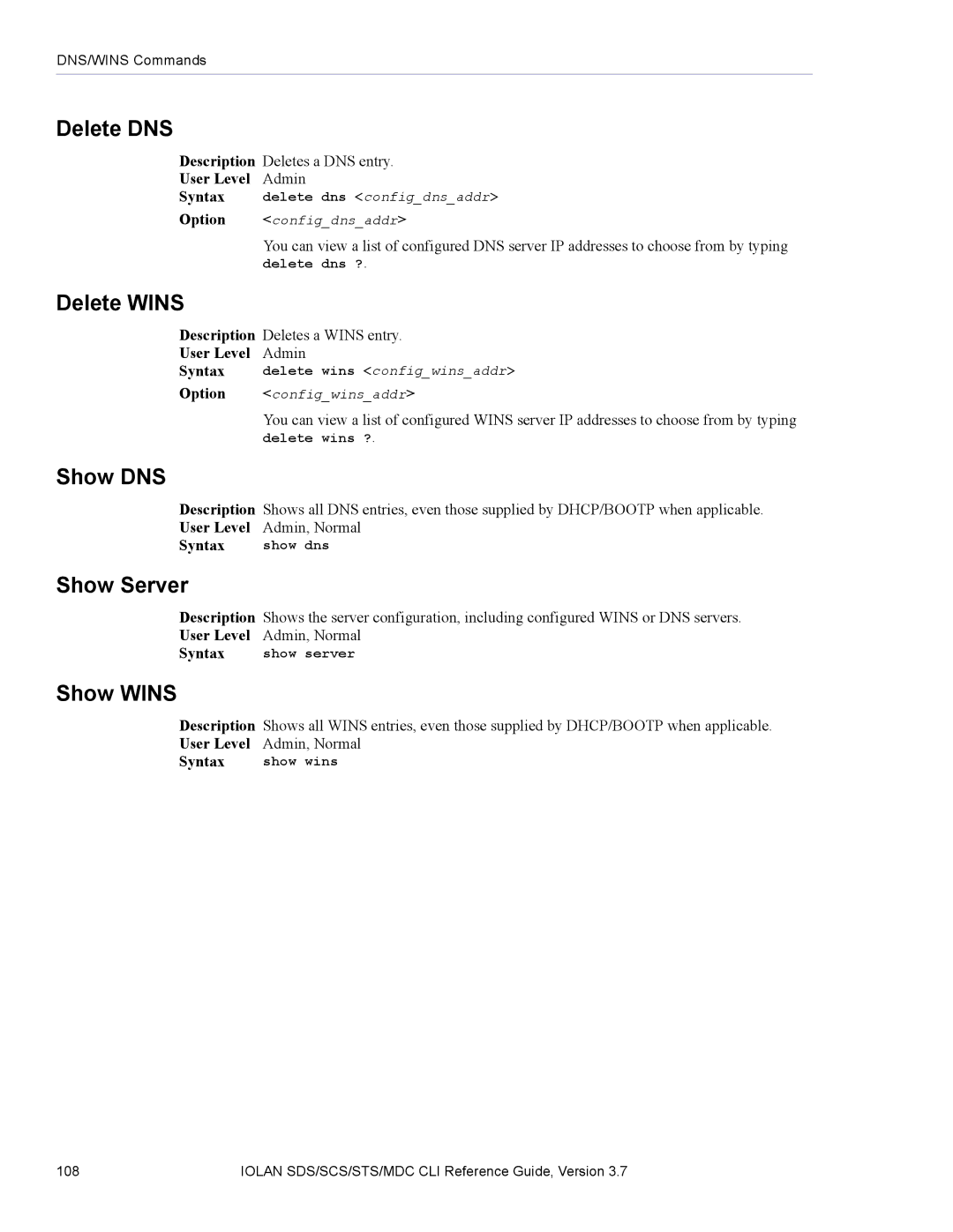 Perle Systems SDS, MDC manual Delete DNS, Delete Wins, Show DNS, Show Wins 