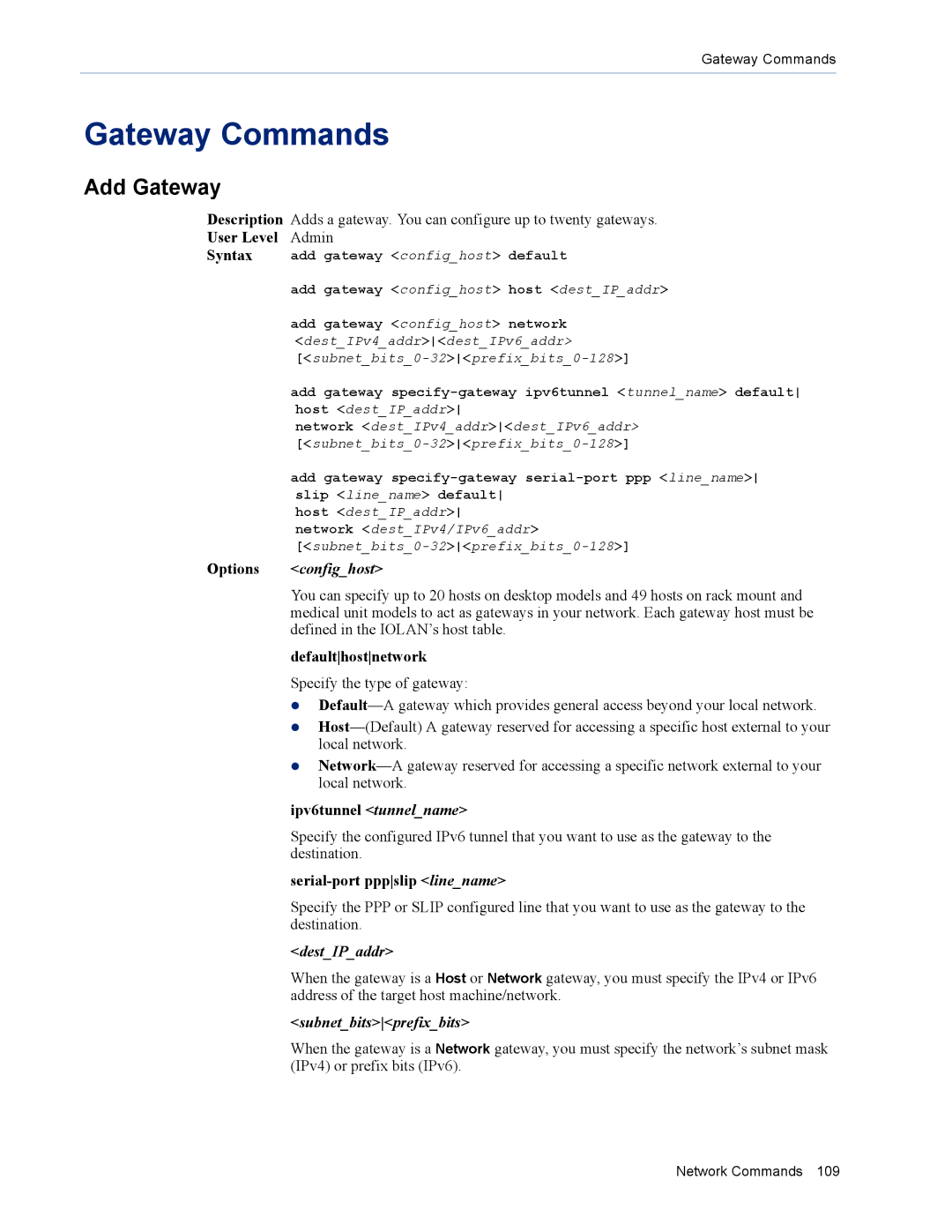 Perle Systems MDC, SDS manual Gateway Commands, Add Gateway, DestIPaddr, Subnetbitsprefixbits 