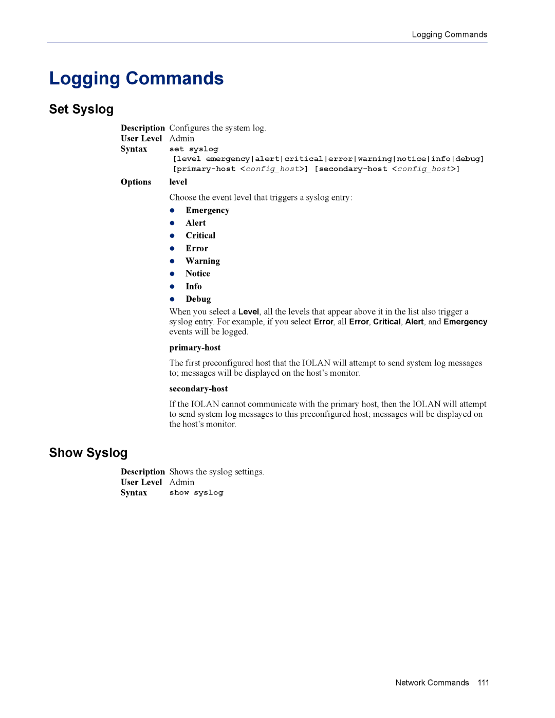 Perle Systems MDC, SDS manual Logging Commands, Set Syslog, Show Syslog 