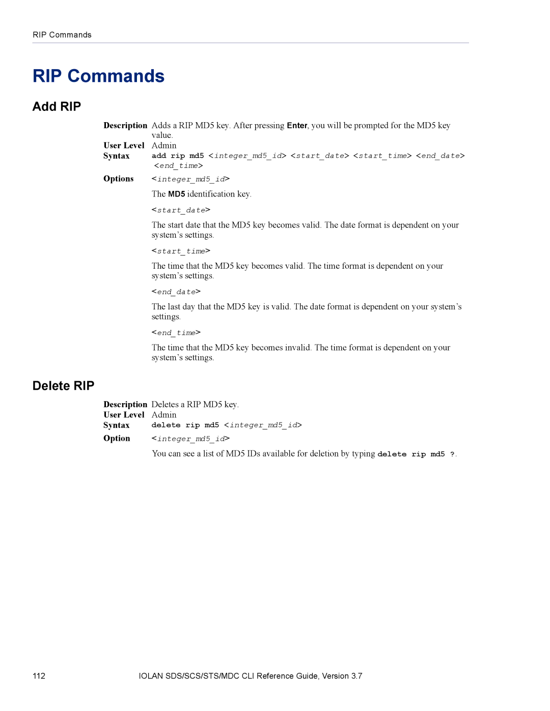 Perle Systems SDS, MDC manual RIP Commands, Add RIP, Delete RIP 