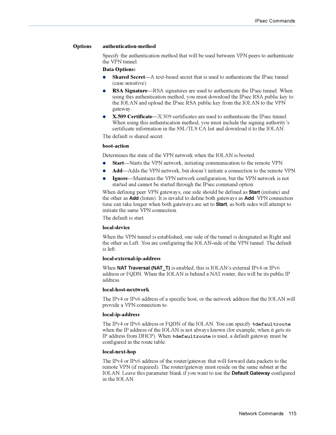 Perle Systems MDC, SDS Options authentication-method, Data Options, Boot-action, Local-device, Local-external-ip-address 