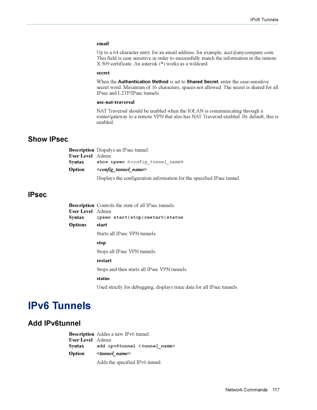 Perle Systems MDC, SDS manual IPv6 Tunnels, Show IPsec, Add IPv6tunnel, Configtunnelname 