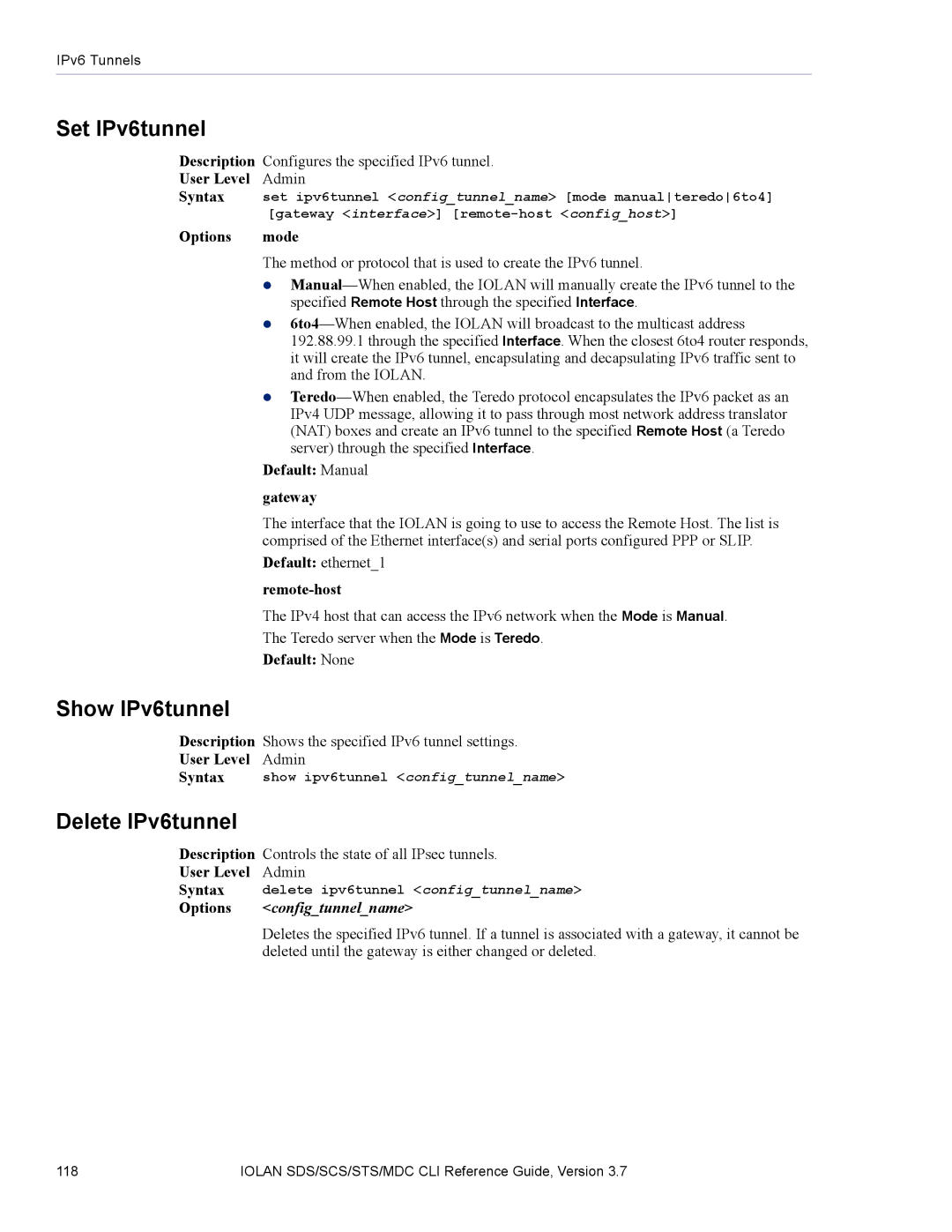 Perle Systems SDS, MDC manual Set IPv6tunnel, Show IPv6tunnel, Delete IPv6tunnel 