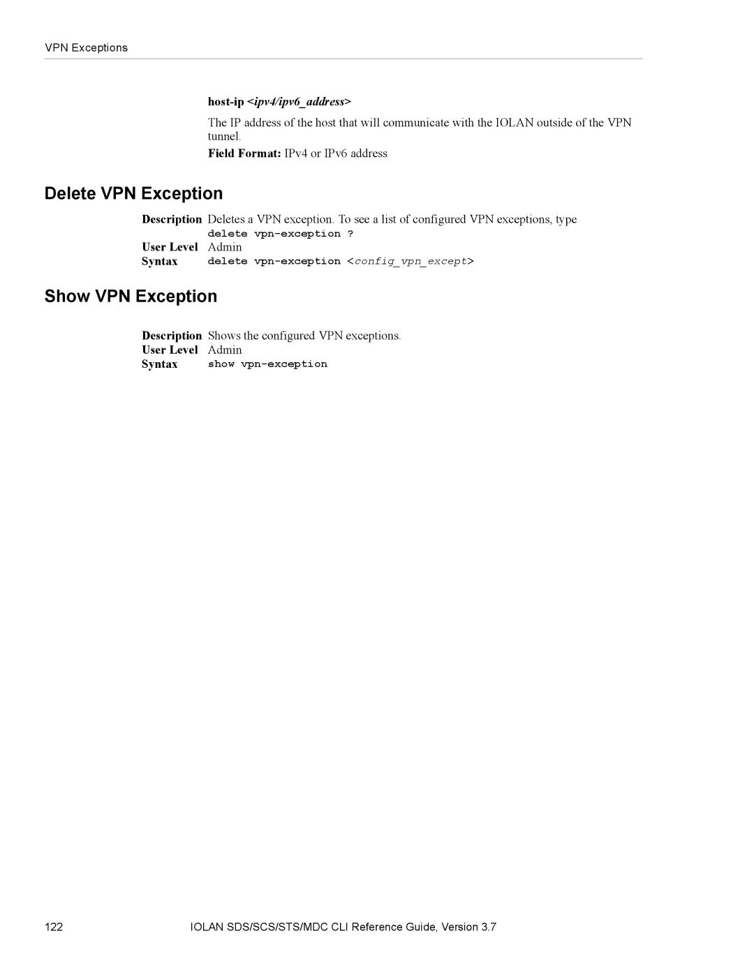 Perle Systems SDS, MDC manual Delete VPN Exception, Show VPN Exception 