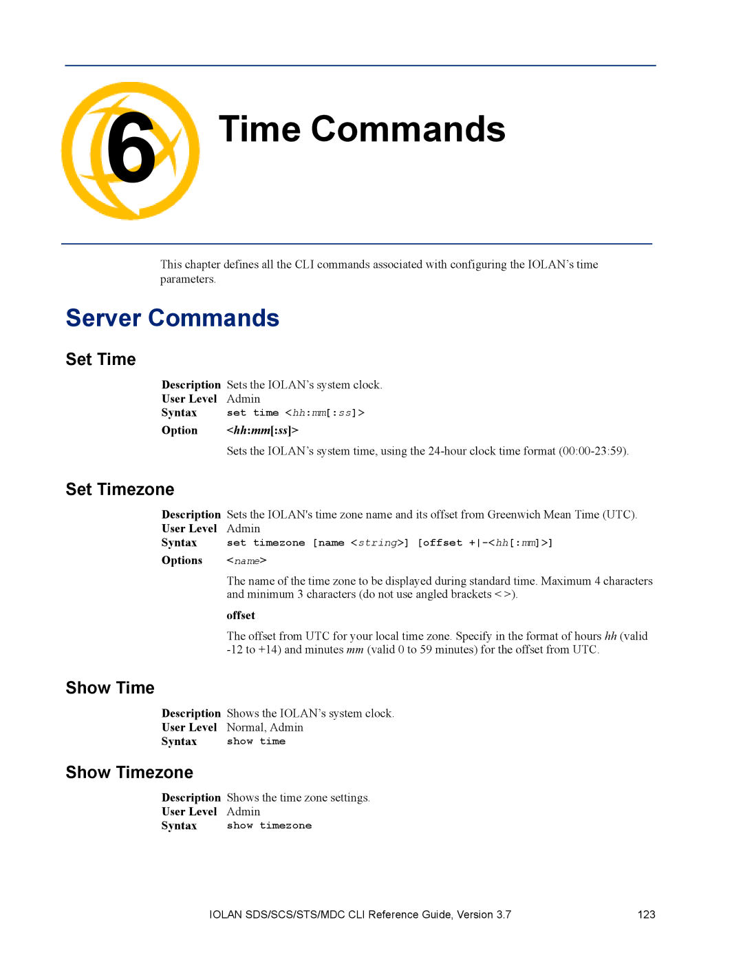 Perle Systems MDC, SDS manual Time Commands, Set Timezone, Show Timezone 