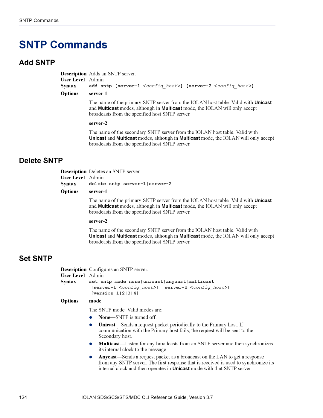 Perle Systems SDS, MDC manual Sntp Commands, Add Sntp, Delete Sntp, Set Sntp 