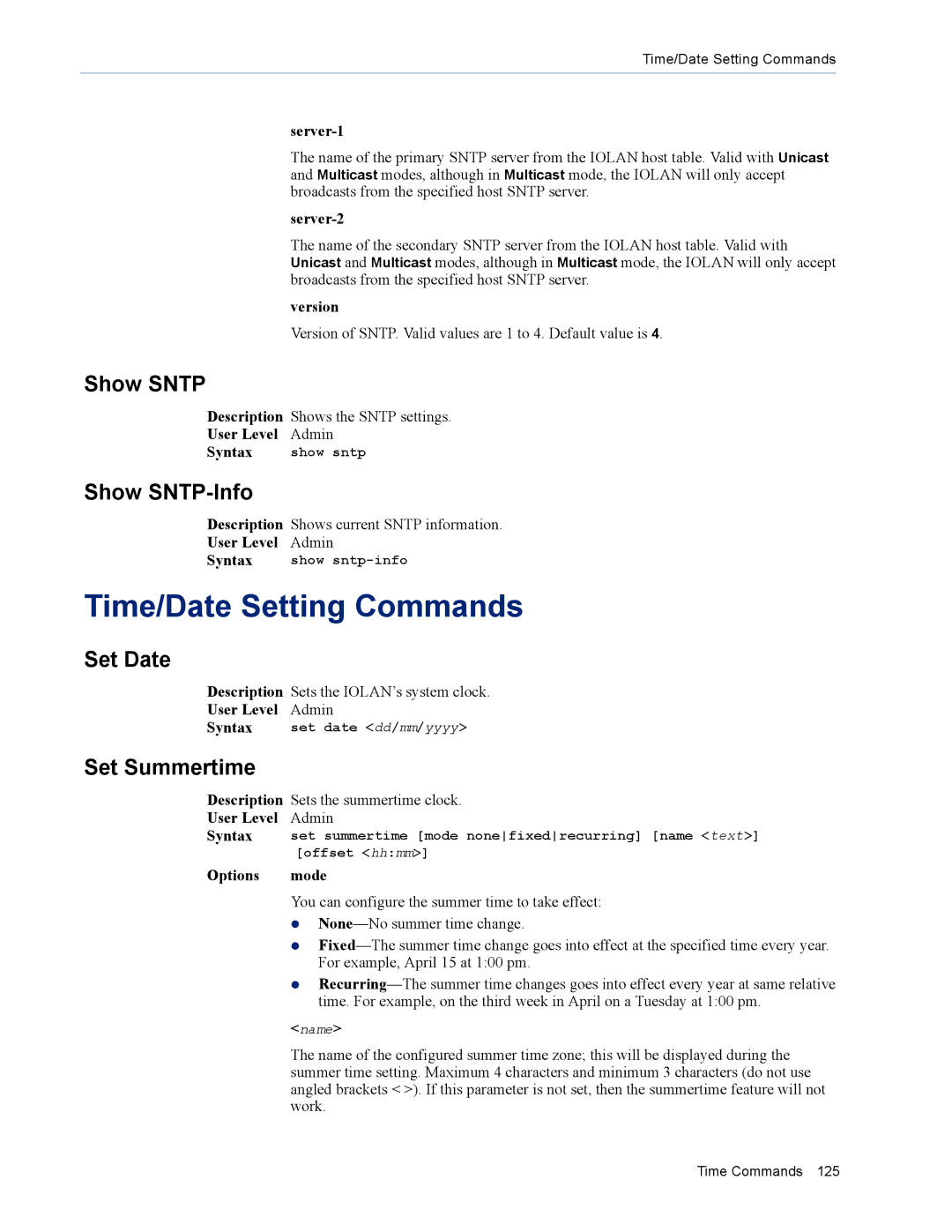 Perle Systems MDC, SDS manual Time/Date Setting Commands, Show Sntp, Show SNTP-Info, Set Date, Set Summertime 