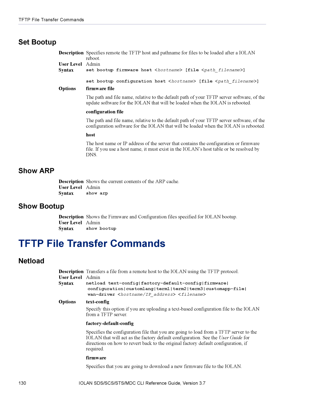 Perle Systems SDS, MDC manual Tftp File Transfer Commands, Set Bootup, Show ARP, Show Bootup, Netload 