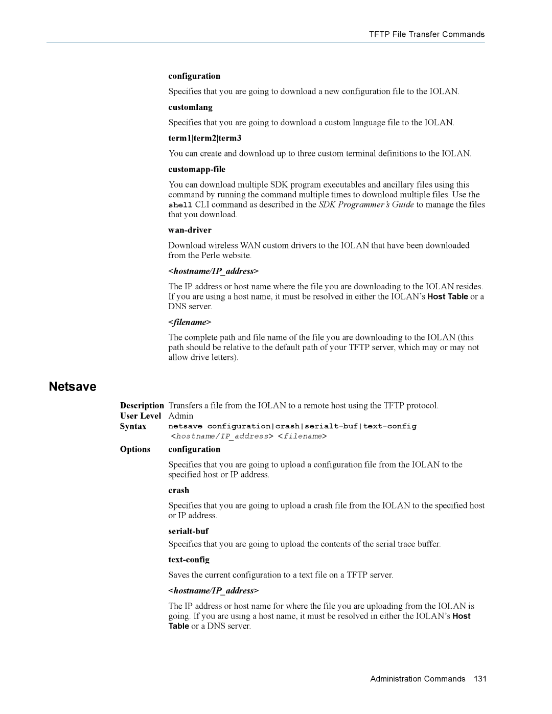 Perle Systems MDC, SDS manual Netsave, Hostname/IPaddress, Filename 