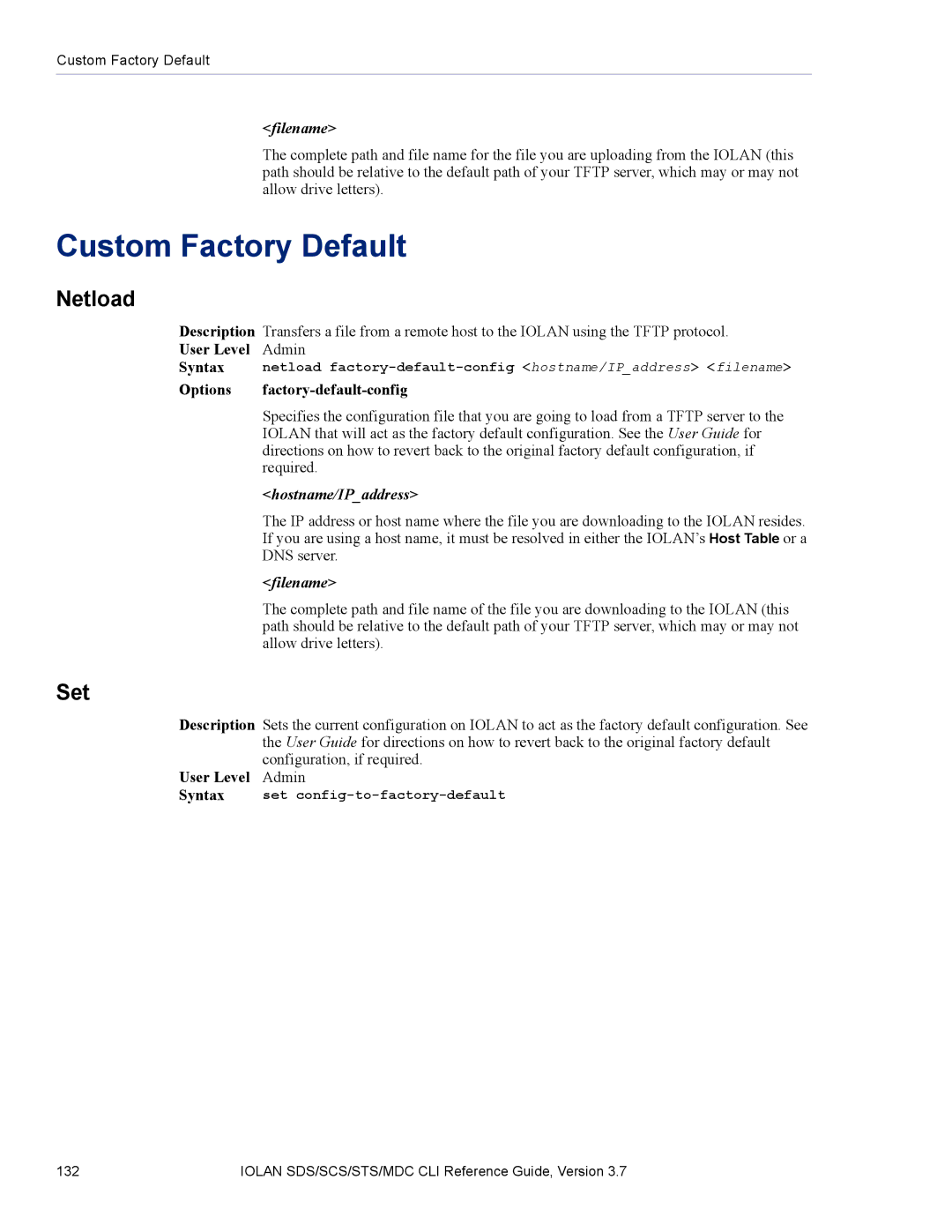 Perle Systems SDS, MDC manual Custom Factory Default, Set, Options Factory-default-config 