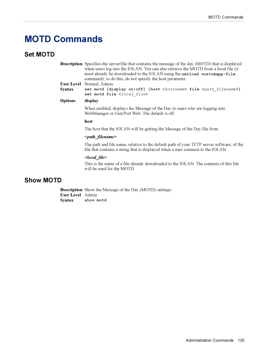 Perle Systems MDC, SDS manual Motd Commands, Set Motd, Show Motd, Pathfilename, Localfile 