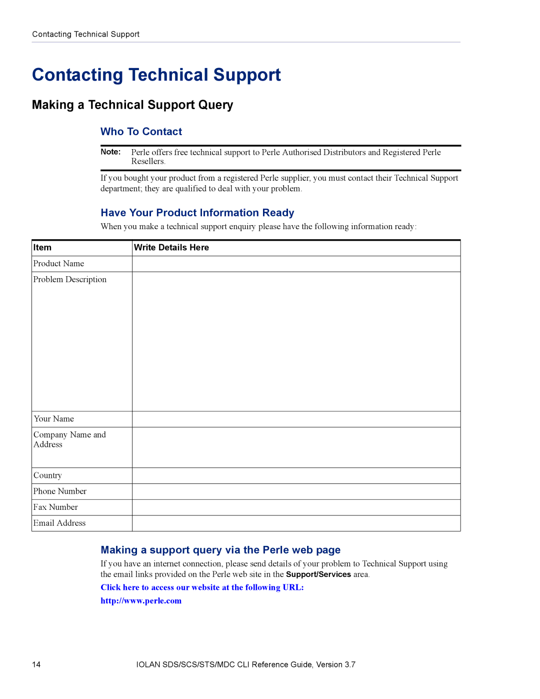 Perle Systems SDS, MDC manual Contacting Technical Support, Making a Technical Support Query 