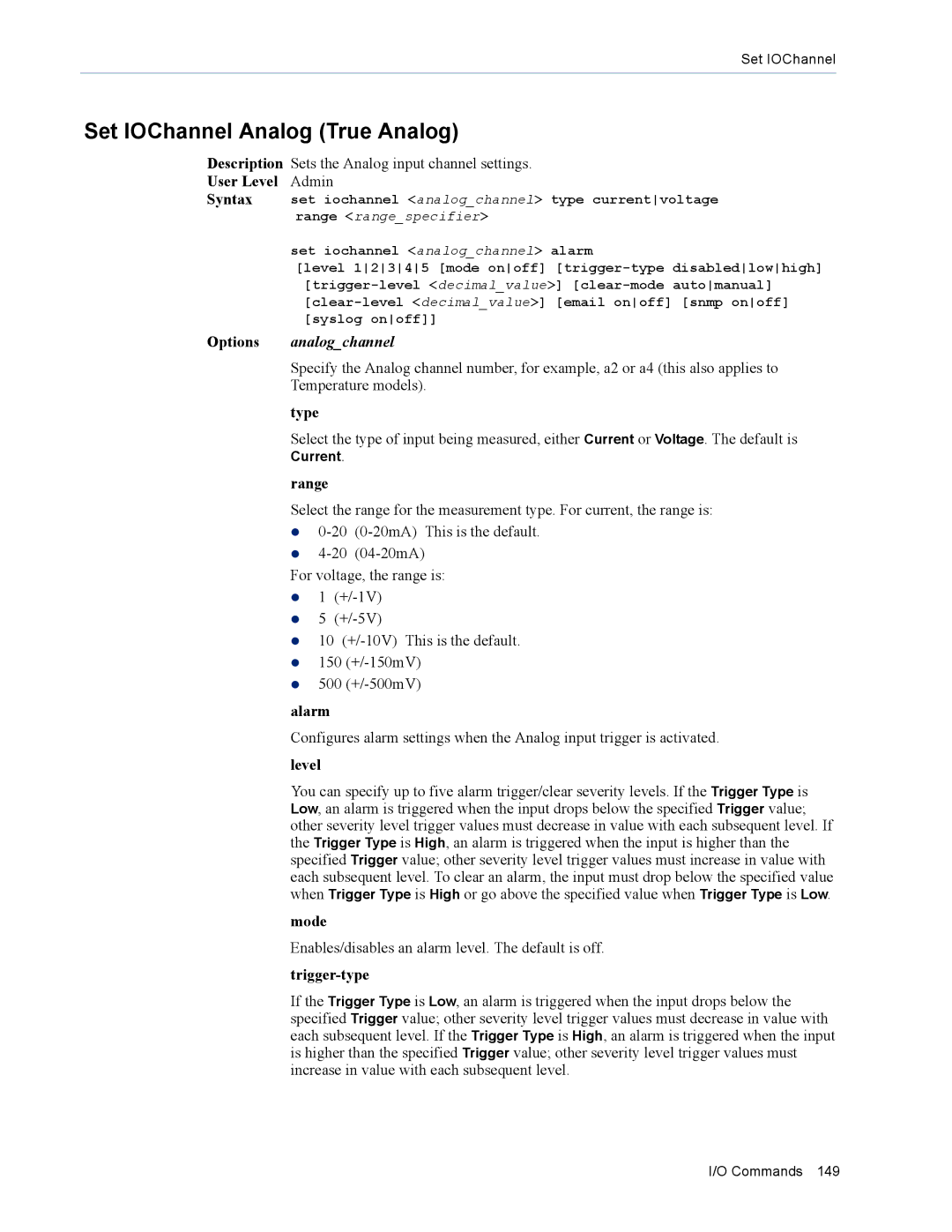 Perle Systems MDC, SDS manual Set IOChannel Analog True Analog, Options analogchannel, Trigger-type 