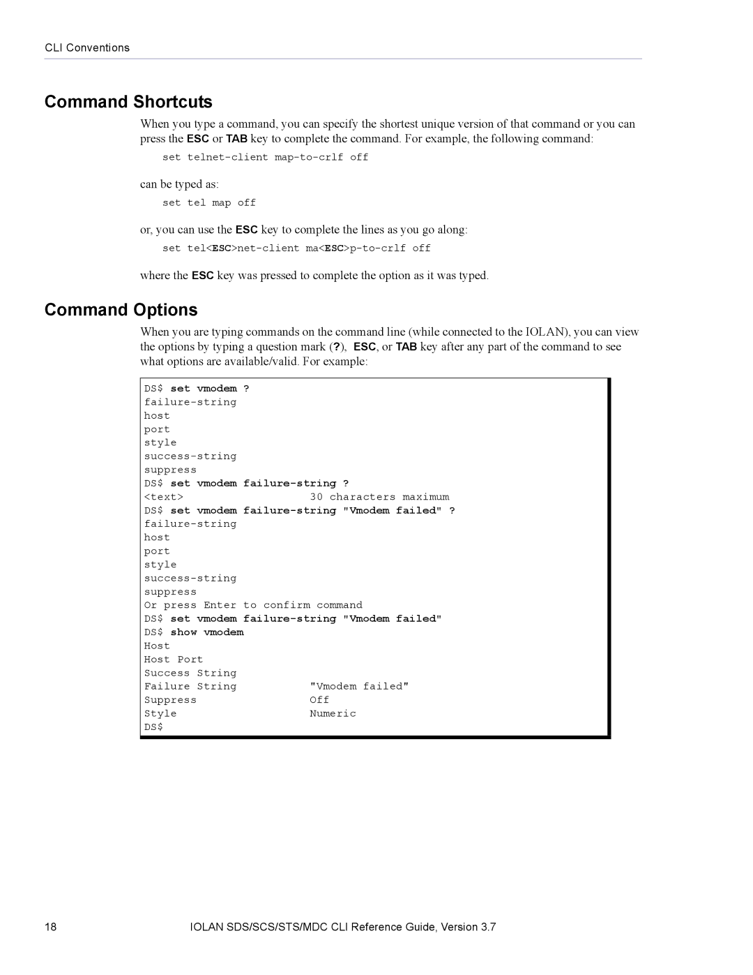 Perle Systems SDS, MDC manual Command Shortcuts, Command Options 