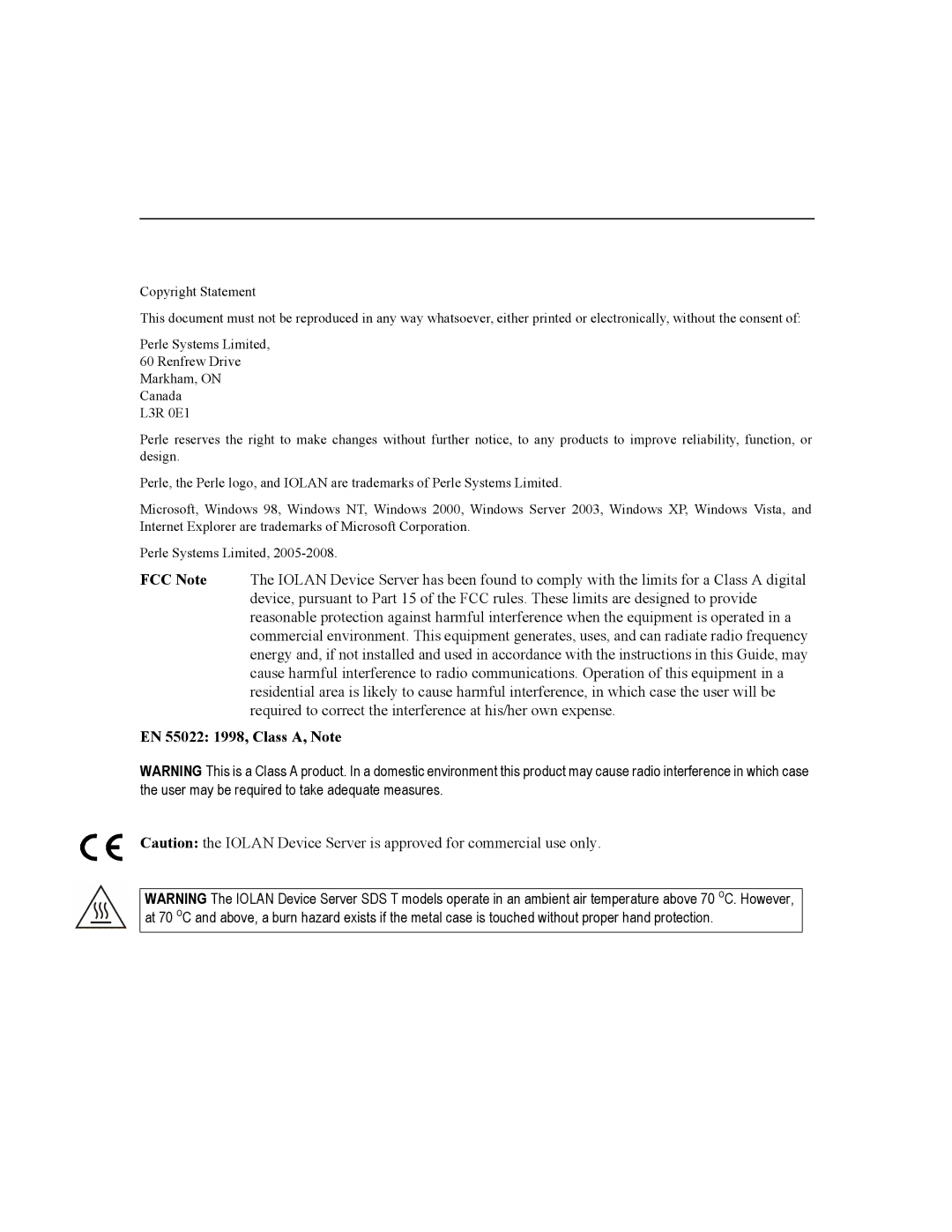 Perle Systems SDS, MDC manual EN 55022 1998, Class A, Note 