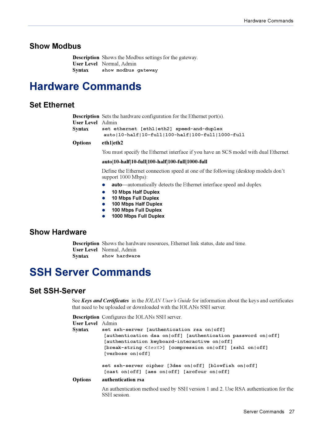 Perle Systems MDC, SDS manual Hardware Commands, SSH Server Commands 