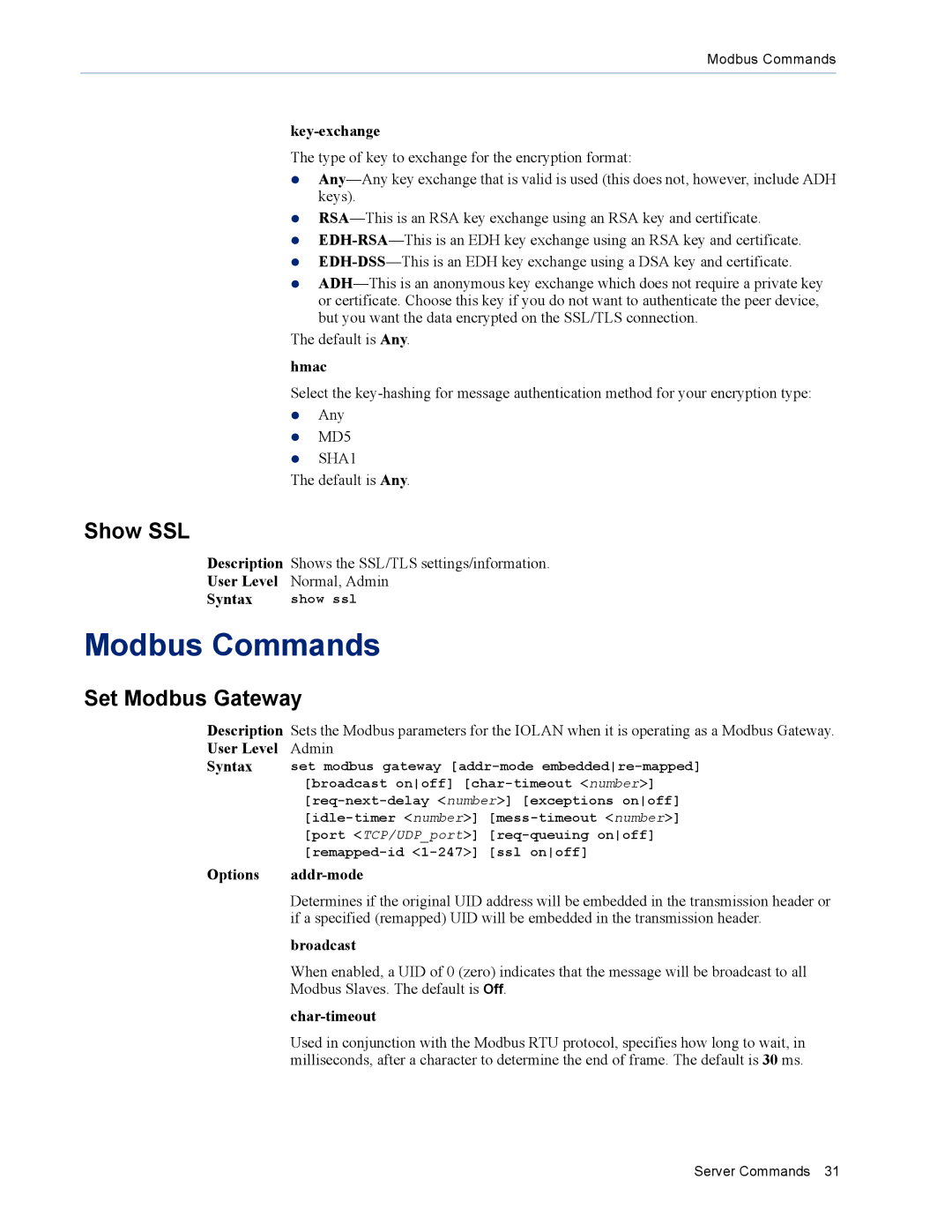 Perle Systems MDC, SDS manual Modbus Commands, Show SSL, Set Modbus Gateway, Key-exchange, Hmac 