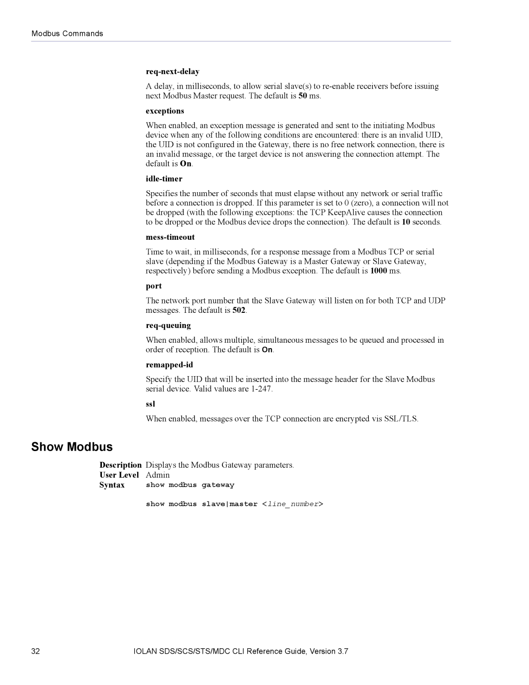 Perle Systems SDS, MDC manual Req-next-delay, Exceptions, Idle-timer, Mess-timeout, Port, Req-queuing, Remapped-id, Ssl 