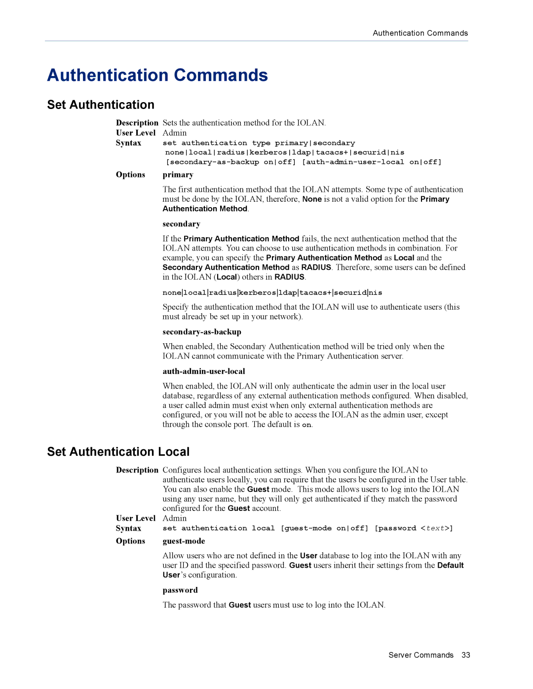 Perle Systems MDC, SDS manual Authentication Commands, Set Authentication Local 