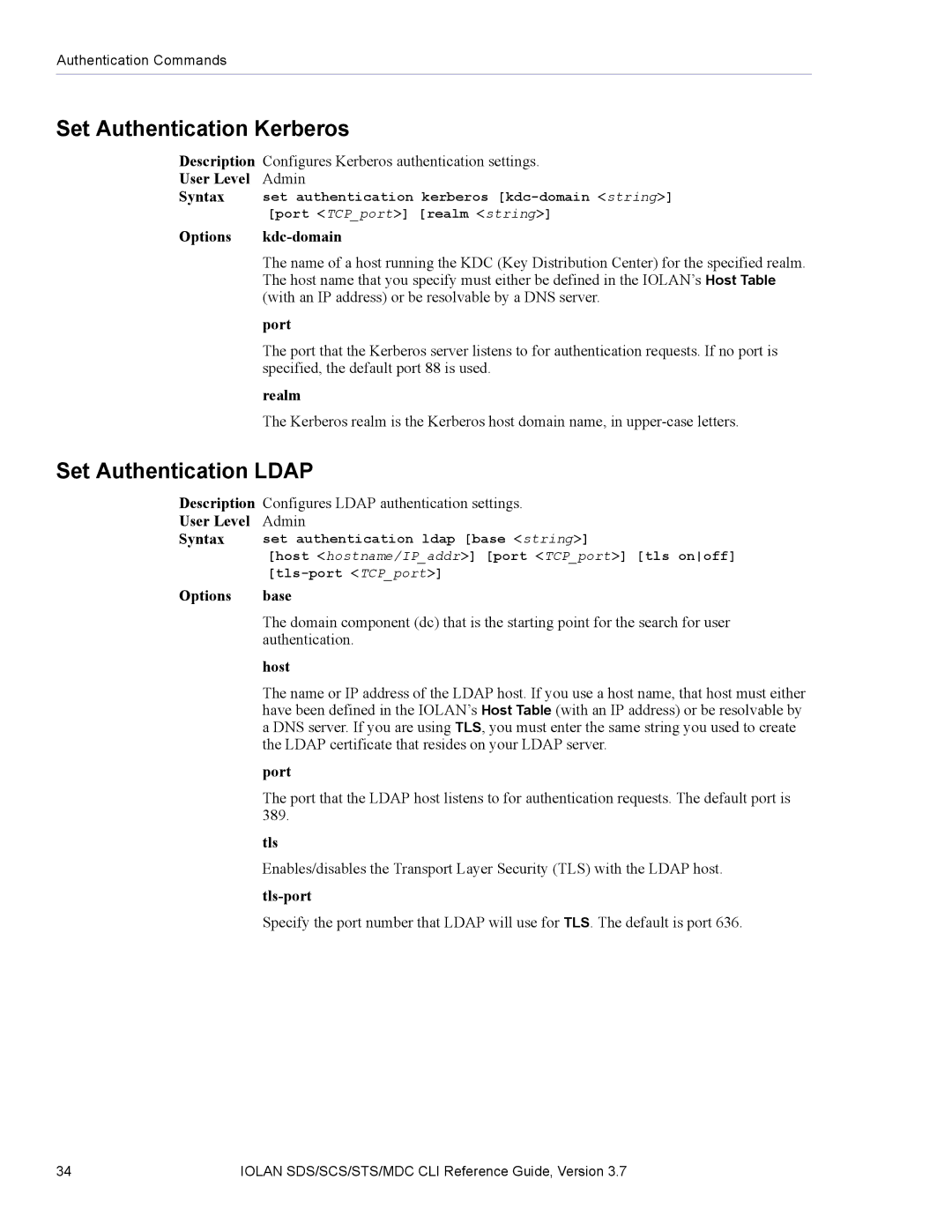 Perle Systems SDS, MDC manual Set Authentication Kerberos, Set Authentication Ldap 